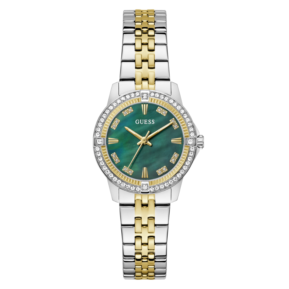 Guess Colette dames horloge 34 mm groen goud/zilver &mdash; stijlvol dameshorloge met groene wijzerplaat, bicolor (goud- en zilverkleurige) stalen band en betrouwbare quartz-uurwerk. Elegant design dat moeiteloos combineert met elke outfit. Verkrijgbaar bij Juwelier Schouten &ndash; Middenwaard, Heerhugowaard.