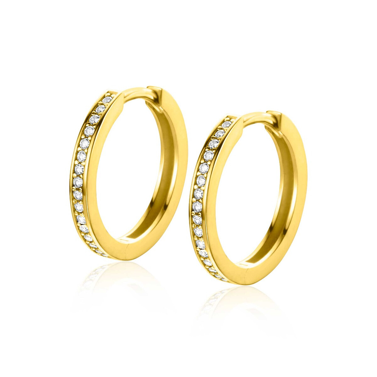 ZINZI Gold 14 krt gouden oorringen, bezet met witte zirconia's met luxe klapsluiting 17mm x 2mm vierkante buis.