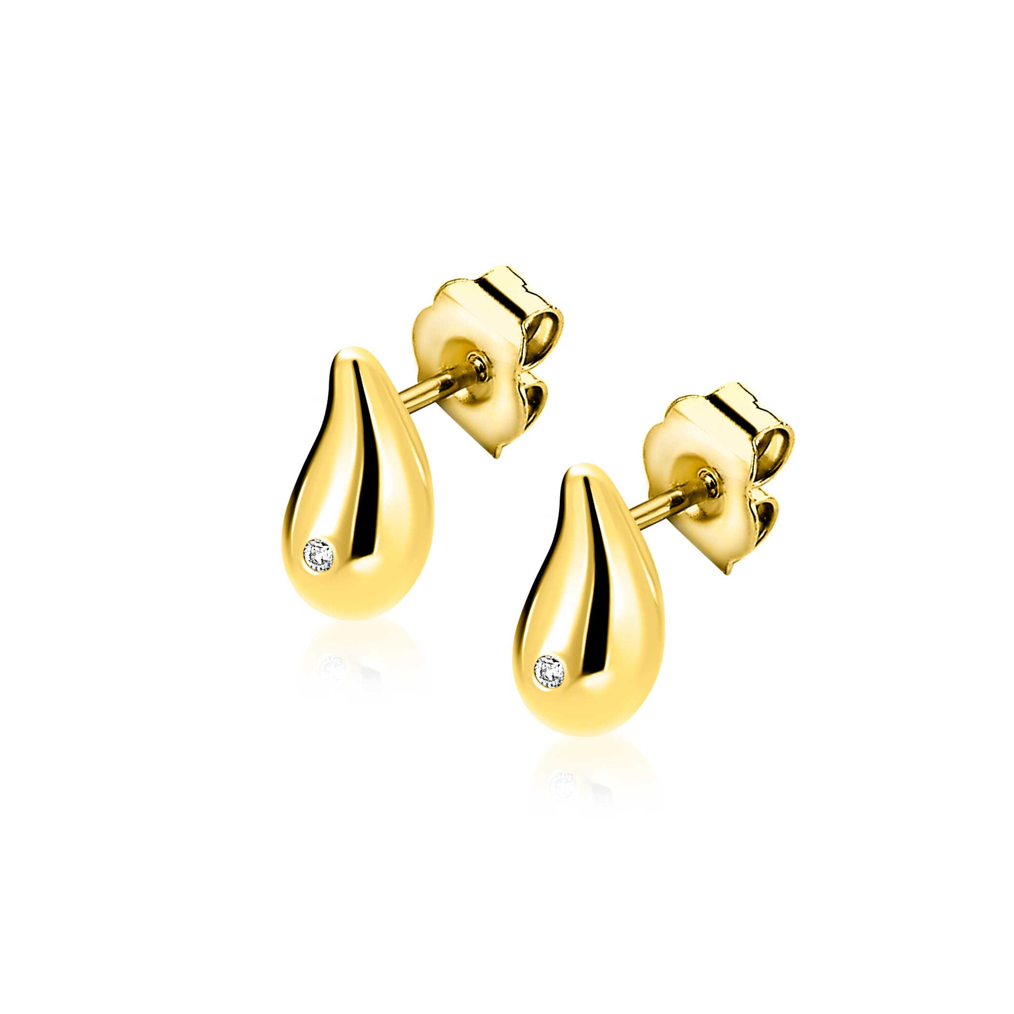 ZINZI Gold 14 krt gouden oorstekers in organische druppelvorm, bezet met een kleine ronde witte zirconia. De oorstekers zijn 9mm lang.Vervaardigd van geheel 14 karaat goud.