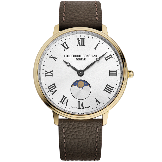 De Frederique Constant Classics Quartz Moonphase (model FC-206RS3S5) is een verfijnd horloge met een 39 mm metalen kast, bruine horlogeband en Zwitsers kwartsuurwerk. Zonder datumfunctie, maar met een klassieke uitstraling. Perfect voor formele gelegenheden of zakelijke bijeenkomsten. Draag hem met een pak of smart-casual outfit voor een tijdloze en elegante stijl.