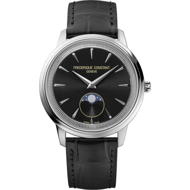 De Frederique Constant Classics Moneta Moonphase &ndash; FC-206B3S6 is een elegante polshorloge van 37 mm met een zwarte band en metalen kast. Het heeft een Zwitserse quartz-beweging en saffierglas. Zonder datumfunctie, maar met een klassieke look, ideaal voor formele en zakelijke gelegenheden. Draag bij voorkeur met een donker pak voor een verfijnde uitstraling.