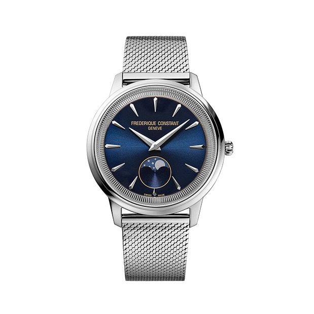 De Frederique Constant Moneta Moonface Blue/Milanese is een elegante horloge met een blauwe wijzerplaat en een zilverkleurige Milanese band. Het heeft een metalen kast van 37 mm en saffierglas. Zonder datumfunctie, maar met een Zwitserse quartz beweging. Draag hem met formele of business-casual outfits voor een verfijnde, tijdloze look. Modelnummer: FC-206N3S6B.