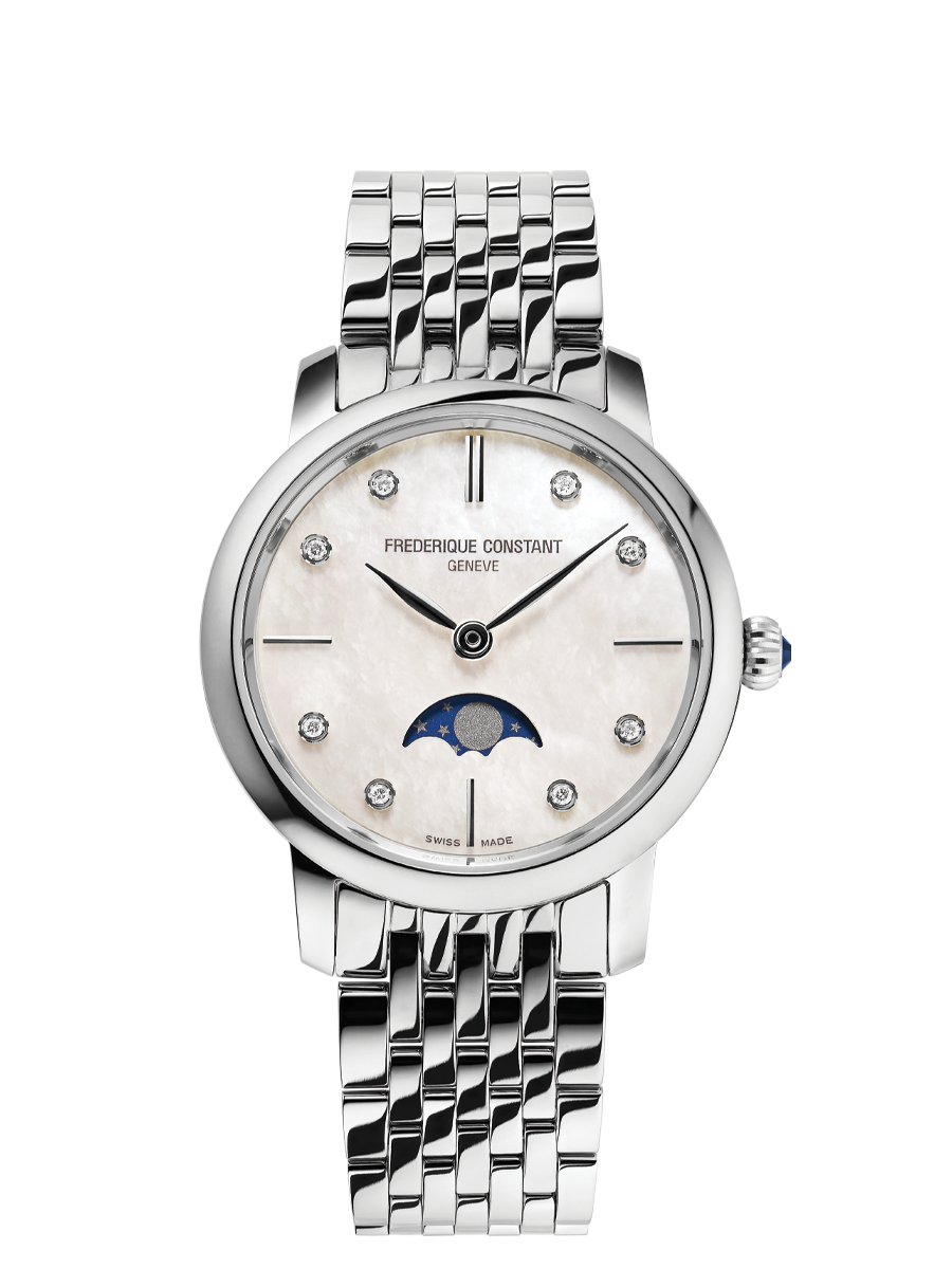 De Frederique Constant Slimline Moonphase met modelnummer FC-206MPWD1S6B is een elegante damespolshorloge. Het horloge heeft een 30mm metalen kast, zilverkleurige band en saffierglas. Uitgerust met Zwitserse quartz uurwerk, maar zonder datumfunctie. Perfect voor een chique avondje uit of formele gelegenheden. Draag het met een verfijnde avondjurk of zakelijke outfit voor een stijlvolle look.