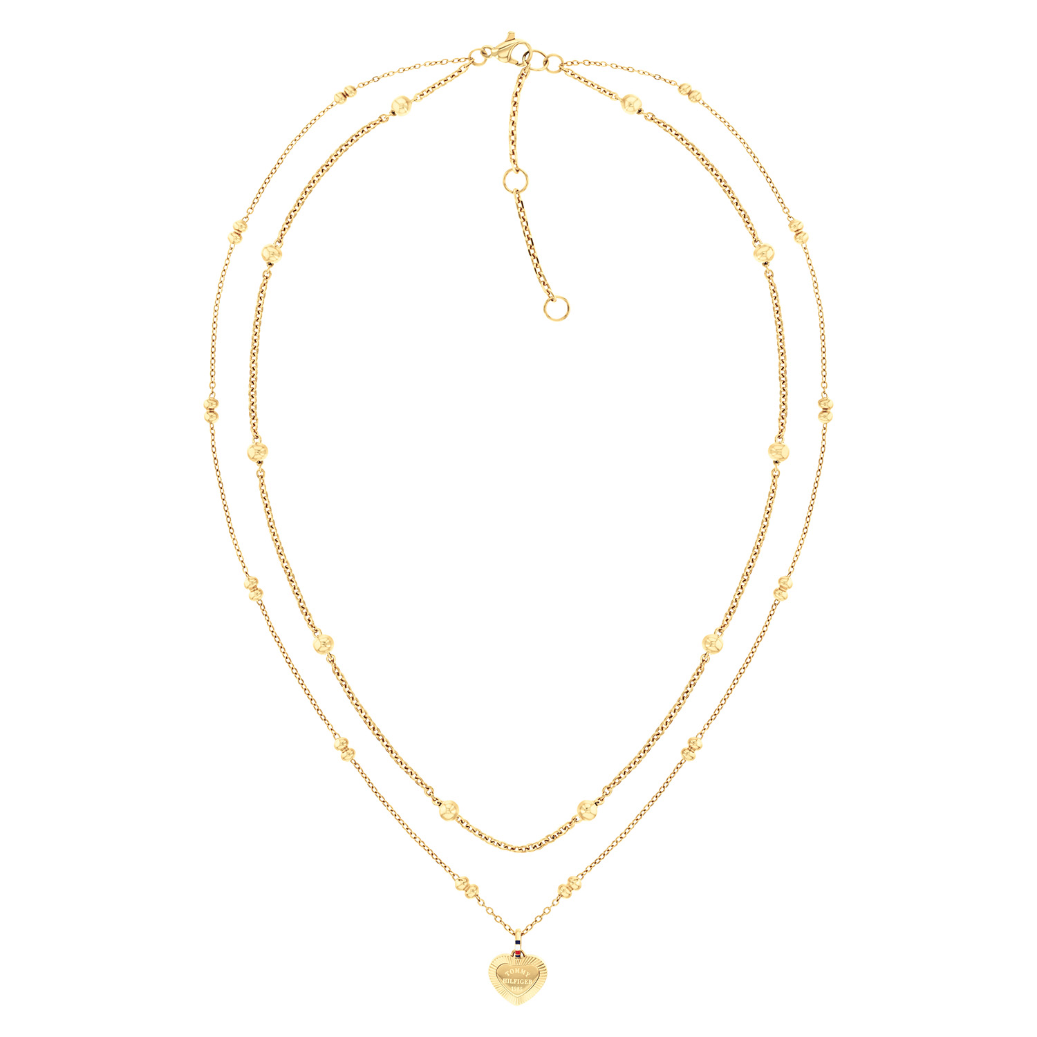 Tommy Hilfiger Jewels TJ2781010 Ketting Dames Layered GP 51cm
Deze Tommy Hilfiger laagjes ketting TJ2781010 is een stijlvol en elegant sieraad met een speelse twist. De combinatie van twee fijne goudkleurige kettinkjes zorgt voor een trendy gelaagde look, terwijl de hartvormige hanger een subtiel en betekenisvol detail toevoegt. Het verfijnde ontwerp maakt deze ketting perfect voor zowel dagelijks gebruik als speciale gelegenheden. De damesketting is verstelbaar en heeft een totale lengte van 51cm. Leuk te combineren met andere sieraden uit deze serie.

Het merk:
Tommy Hilfiger is wereldwijd &eacute;&eacute;n van de grootste designer lifestyle merken en is internationaal bekend om haar classic American cool stijl. De sieraden zijn voor dames en heren met een eigen stijl, die niet bang zijn om dit aan de wereld te laten zien.

Specificaties:
- Dames ketting
- Materiaal: Staal goudkleurig
- Lengte 51cm verstelbaar
- Ideaal als cadeau of voor jezelf