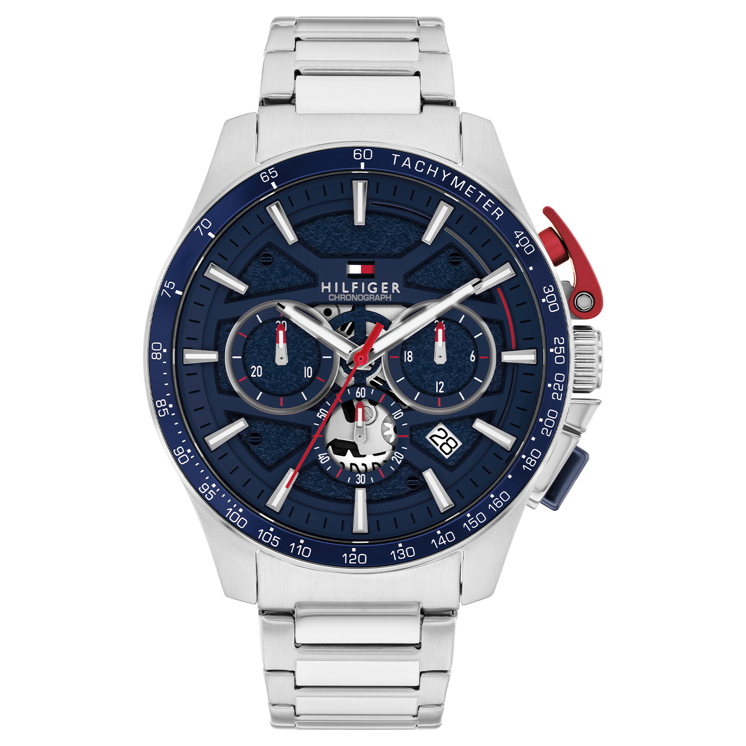 Tommy Hilfiger TH1792261 Horloge Heren Staal Zilverkleurig 44mm
Sprotief lux: Dit zilverkleurige herenhorloge straalt finesse uit en maakt elke outfit stijlvol compleet. Het stalen herenhorloge uit de Bank serie heeft een ronde zilverkleurige kast met een bezel met tachymeter, een datum, chronograaf en deels opengewerkt blauwe wijzerplaat. Extra opvallend is de rode aluminium drukknop voor de chronograaf. Aan de kast zit een stalen schakelband met een vouwsluiting. Het horloge heeft een mineraalglas, een afmeting van 44mm en is 5ATM.  

Het merk: 
Sinds de lancering van het merk in 1985 is Tommy Hilfiger wereldwijd bekend geworden als pionier van de klassieke Amerikaanse coole stijl. Ge&iuml;nspireerd door de iconische popcultuur en het Amerikaanse erfgoed. De dames en herencollectie van dit seizoen bestaan uit minimalistische silhouetten en rustieke lederen details. De herenhorlogecollectie biedt iconische uurwerken met roestvrijstalen, lederen en siliconen banden.

Specificaties:
- Mineraalglas
- Ronde kast 44mm
- Zilverkleurige kast
- Blauwe wijzerplaat
- Zilverkleurige schakelband 
- 5ATM