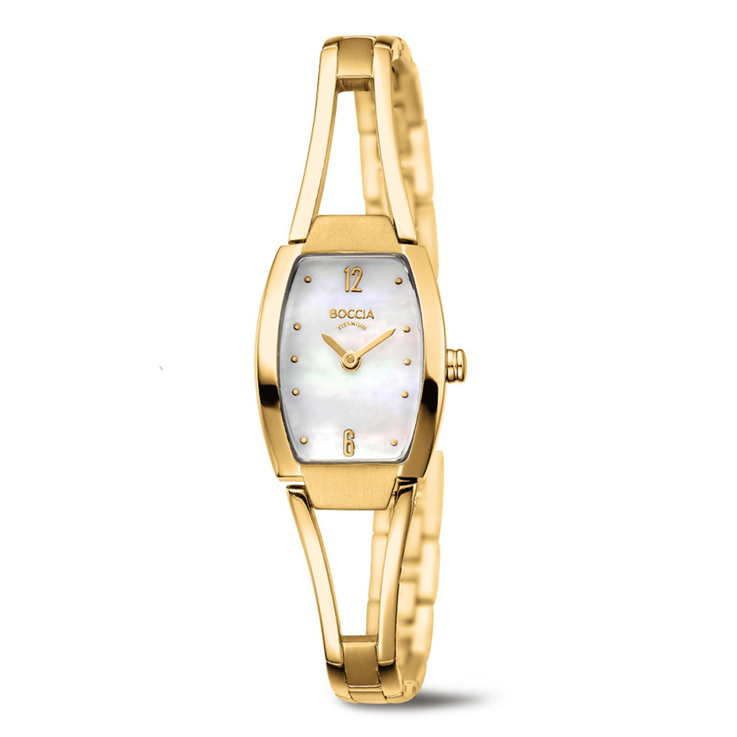 Boccia Titanium Dameshorloge 3262-04 &Oslash;20
Op zoek naar een stijlvol horloge met een chique design? Dan is de 3262-04 de perfecte keuze! Het goudkleurige dameshorloge is gemaakt van titanium en heeft een parelmoer wijzerplaat, een mineraalglas en is 5ATM. Combineer dit prachtige exemplaar met de andere sieraden van Boccia Titanium voor een complete look. 

HET MERK Boccia Titanium is het titanium merk van Nederland, dat zijn oorsprong in Duitsland vindt en is opgericht in het jaar 1992. Ontwikkeld door internationale ontwerpers. Alle titanium componenten van de BOCCIA TITANIUM collectie zijn gemaakt van 99,7% puur titanium; het bijzondere materiaal. Het is licht in gewicht, neemt de temperatuur van de huid aan en is zeer huidvriendelijk. Bovendien is het corrosie- en temperatuurbestendig. 

SPECIFICATIES 
- Mineraalglas 
- Goudkleurige titanium horlogekast, &Oslash; 20mm 
- Goudkleurige titanium horlogeband 
- Parelmoer wijzerplaat 
- 5 ATM (Regen- & spatwaterdicht)