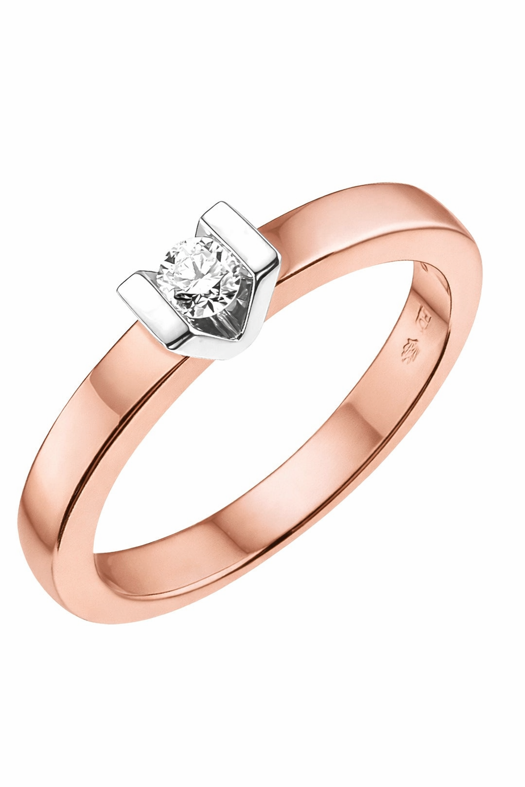 Deze prachtige gouden ring, is een juweel van 14-karaats goud in ros&eacute;-witgoud. De ring bevat &eacute;&eacute;n briljant geslepen diamant van 0,14 karaat, met VVS1 zuiverheid en H-kleur. Perfect geschikt voor formele gelegenheden of als een verfijnd dagelijks accessoire. Draag het alleen of combineer het met andere sieraden voor een elegante look.