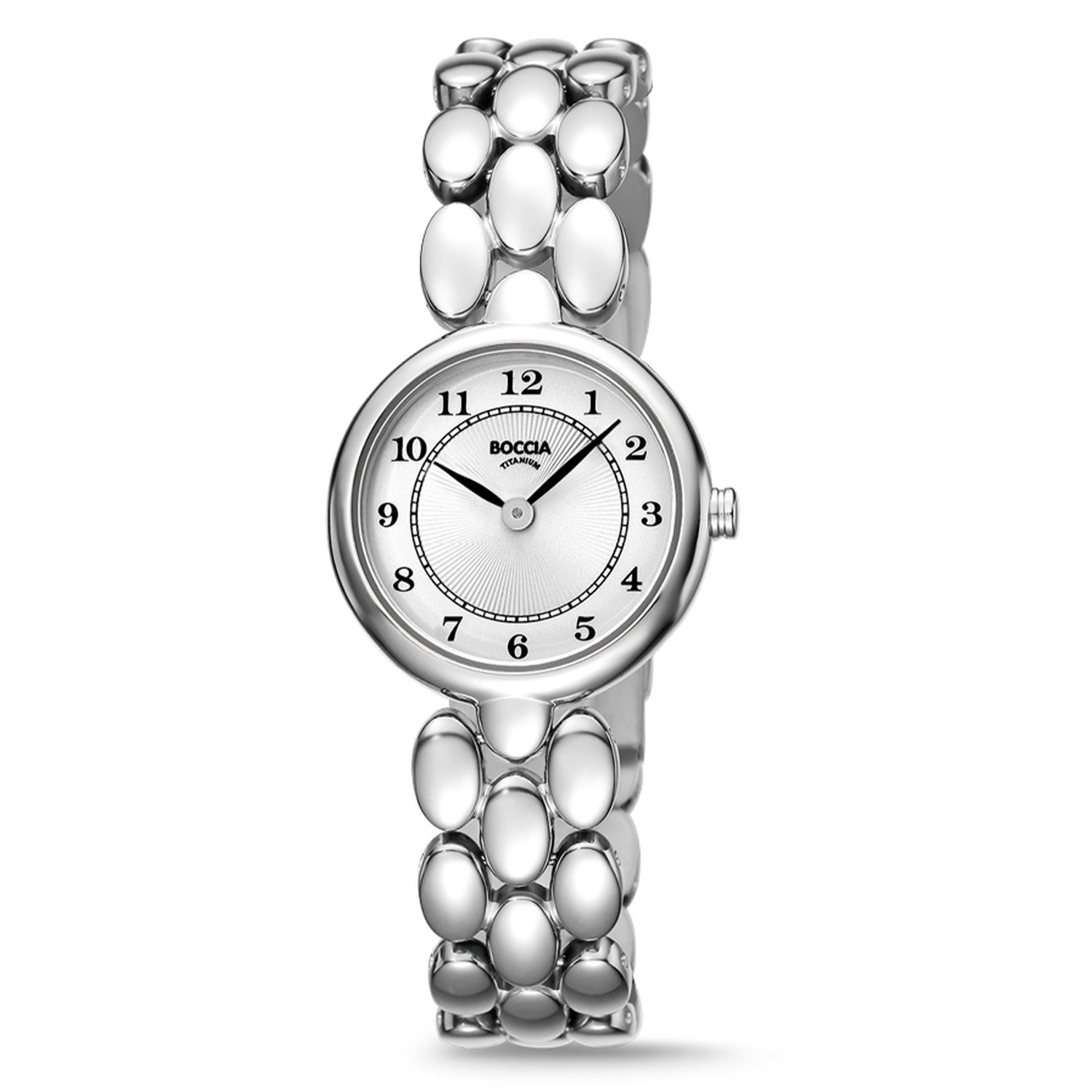 Boccia Titanium Dameshorloge 3378-01 &Oslash;26
Op zoek naar een stijlvol horloge met een chique design? Dan is de 3378-01 de perfecte keuze! Het dameshorloge is gemaakt van titanium en heeft een zilverkleurige wijzerplaat, een mineraalglas en is 5ATM. De sierlijke schakelband sluit perfect aan het ronde kastje. Combineer dit prachtige exemplaar met de andere sieraden van Boccia Titanium voor een complete look. 

HET MERK Boccia Titanium is het titanium merk van Nederland, dat zijn oorsprong in Duitsland vindt en is opgericht in het jaar 1992. Ontwikkeld door internationale ontwerpers. Alle titanium componenten van de BOCCIA TITANIUM collectie zijn gemaakt van 99,7% puur titanium; het bijzondere materiaal. Het is licht in gewicht, neemt de temperatuur van de huid aan en is zeer huidvriendelijk. Bovendien is het corrosie- en temperatuurbestendig. 

SPECIFICATIES 
- Mineraalglas 
- Ronde  titanium horlogekast, &Oslash; 26mm 
- Titanium horlogeband 
- Zilverkleurige wijzerplaat 
- 5 ATM (Regen- & spatwaterdicht)