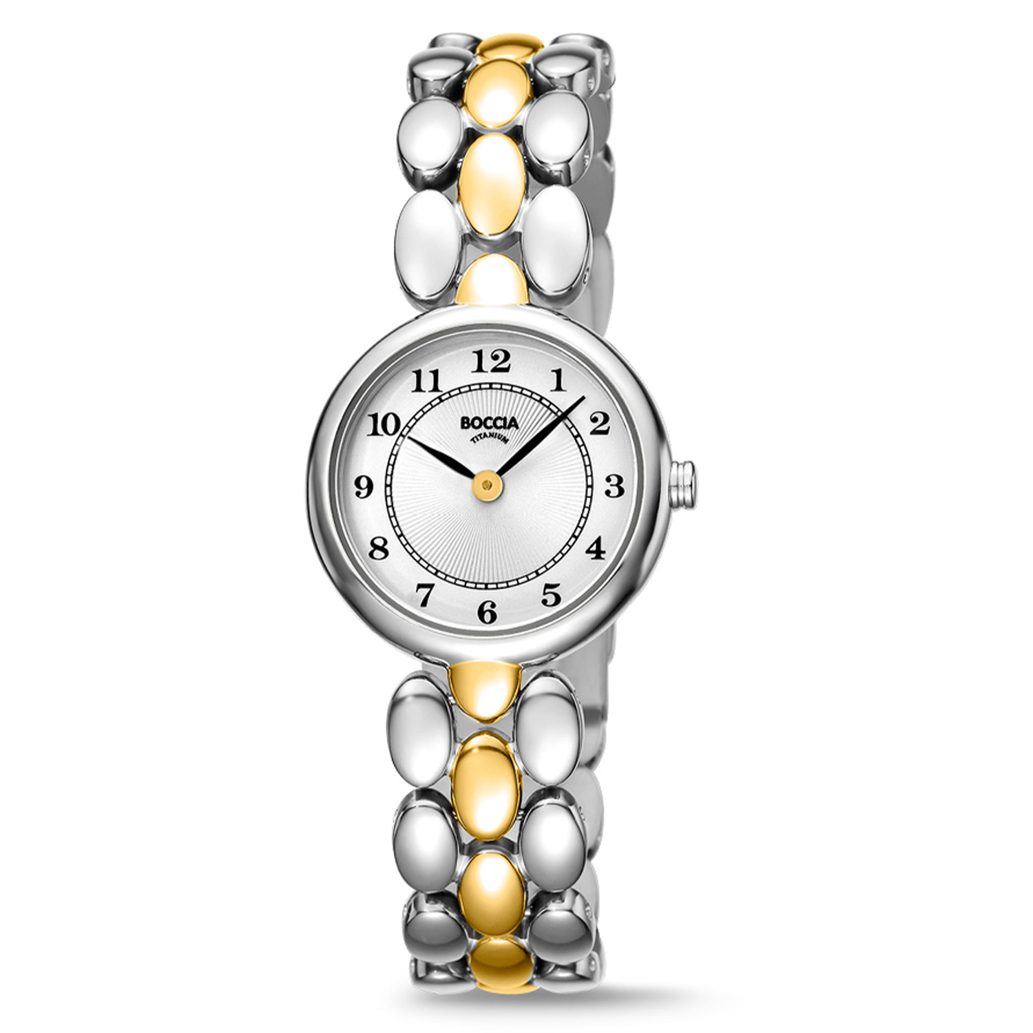 Boccia Titanium Dameshorloge 3378-02 &Oslash;26
Op zoek naar een stijlvol horloge met een chique design? Dan is de 3378-02 de perfecte keuze! Het bicolor dameshorloge is gemaakt van titanium en heeft een zilverkleurige wijzerplaat, een mineraalglas en is 5ATM. De sierlijke bicolor schakelband sluit perfect aan het ronde kastje. Combineer dit prachtige exemplaar met de andere sieraden van Boccia Titanium voor een complete look. 

HET MERK Boccia Titanium is het titanium merk van Nederland, dat zijn oorsprong in Duitsland vindt en is opgericht in het jaar 1992. Ontwikkeld door internationale ontwerpers. Alle titanium componenten van de BOCCIA TITANIUM collectie zijn gemaakt van 99,7% puur titanium; het bijzondere materiaal. Het is licht in gewicht, neemt de temperatuur van de huid aan en is zeer huidvriendelijk. Bovendien is het corrosie- en temperatuurbestendig. 

SPECIFICATIES 
- Mineraalglas 
- Ronde  titanium horlogekast, &Oslash; 26mm 
- Bicolor titanium horlogeband 
- Zilverkleurige wijzerplaat 
- 5 ATM (Regen- & spatwaterdicht)