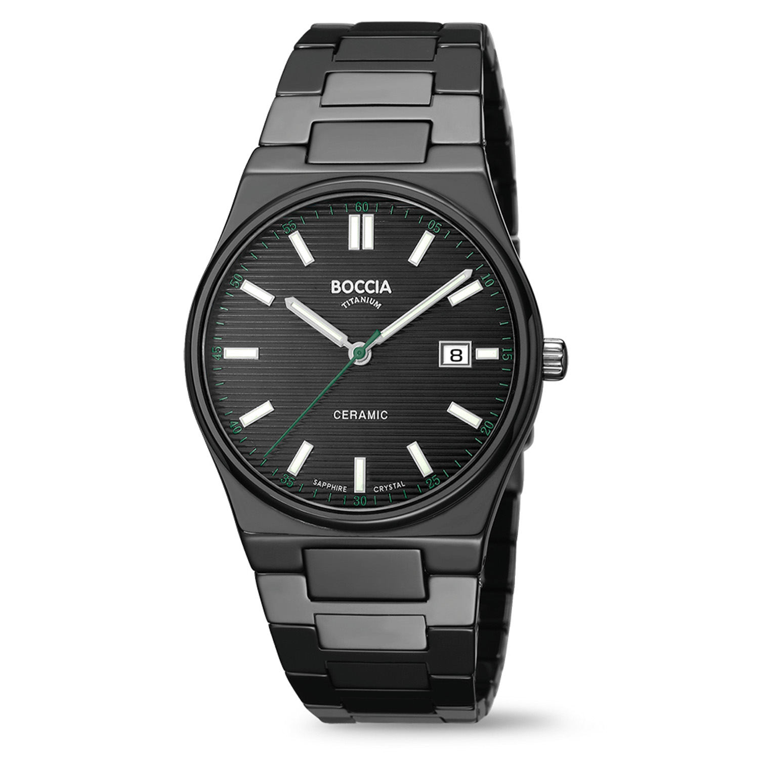 Boccia Titanium Herenhorloge Keramiek 3675-01 &Oslash;39
Op zoek naar een stijlvol horloge met een chique design? Dan is de 3675-01 de perfecte keuze! Het zwarte herenhorloge is gemaakt van keramiek en heeft een zwarte wijzerplaat, een datum, saffierlglas en is 5ATM. De strakke keramieke schakelband sluit perfect aan het rond gevormde kastje. Combineer dit prachtige exemplaar met de andere sieraden van Boccia Titanium voor een complete look. 

HET MERK Boccia Titanium is het titanium merk van Nederland, dat zijn oorsprong in Duitsland vindt en is opgericht in het jaar 1992. Ontwikkeld door internationale ontwerpers. Alle titanium componenten van de BOCCIA TITANIUM collectie zijn gemaakt van 99,7% puur titanium; het bijzondere materiaal. Het is licht in gewicht, neemt de temperatuur van de huid aan en is zeer huidvriendelijk. Bovendien is het corrosie- en temperatuurbestendig. 

SPECIFICATIES 
- Saffierglas 
- Keramieke horlogekast, &Oslash; 39mm 
- Zwarte horlogeband 
- Zwarte wijzerplaat 
- 5 ATM (Regen- & spatwaterdicht)