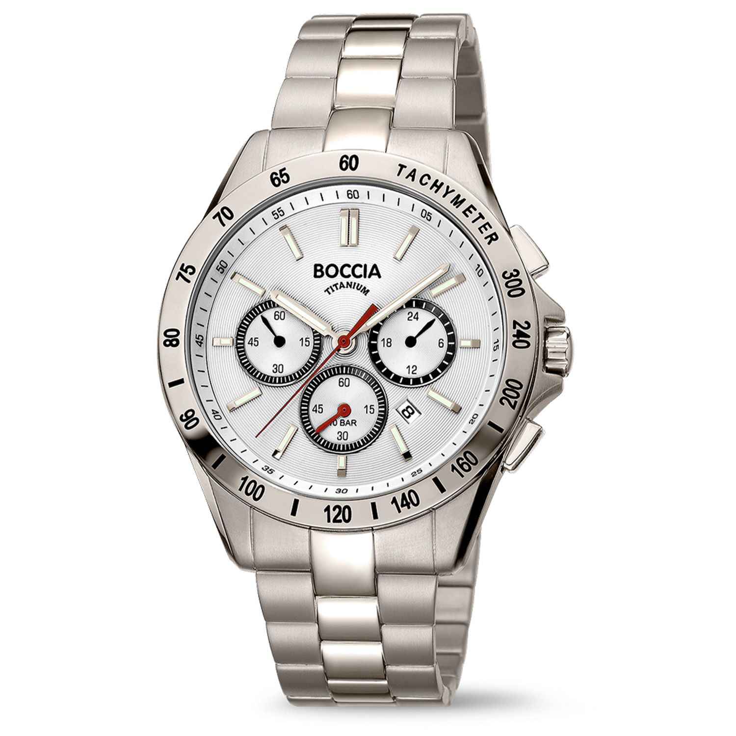 Boccia Titanium Herenhorloge Chrono 3733-01 &Oslash;42
Op zoek naar een stijlvol horloge met een stoer design? Dan is de 3733-01 de perfecte keuze! Het sportieve herenhorloge is gemaakt van titanium en heeft een witte wijzerplaat, een datum, mineraalglas en is 10ATM. De titanium schakelband is mat/glimmend. Combineer dit prachtige exemplaar met de andere sieraden van Boccia Titanium voor een complete look. 

HET MERK Boccia Titanium is het titanium merk van Nederland, dat zijn oorsprong in Duitsland vindt en is opgericht in het jaar 1992. Ontwikkeld door internationale ontwerpers. Alle titanium componenten van de BOCCIA TITANIUM collectie zijn gemaakt van 99,7% puur titanium; het bijzondere materiaal. Het is licht in gewicht, neemt de temperatuur van de huid aan en is zeer huidvriendelijk. Bovendien is het corrosie- en temperatuurbestendig. 

SPECIFICATIES 
- Mineraalglas 
- Titanium horlogekast, &Oslash; 42mm 
- Titanium horlogeband 
- Witte wijzerplaat
- Chrono 
- 10ATM (Douchen/ Zwemmen)