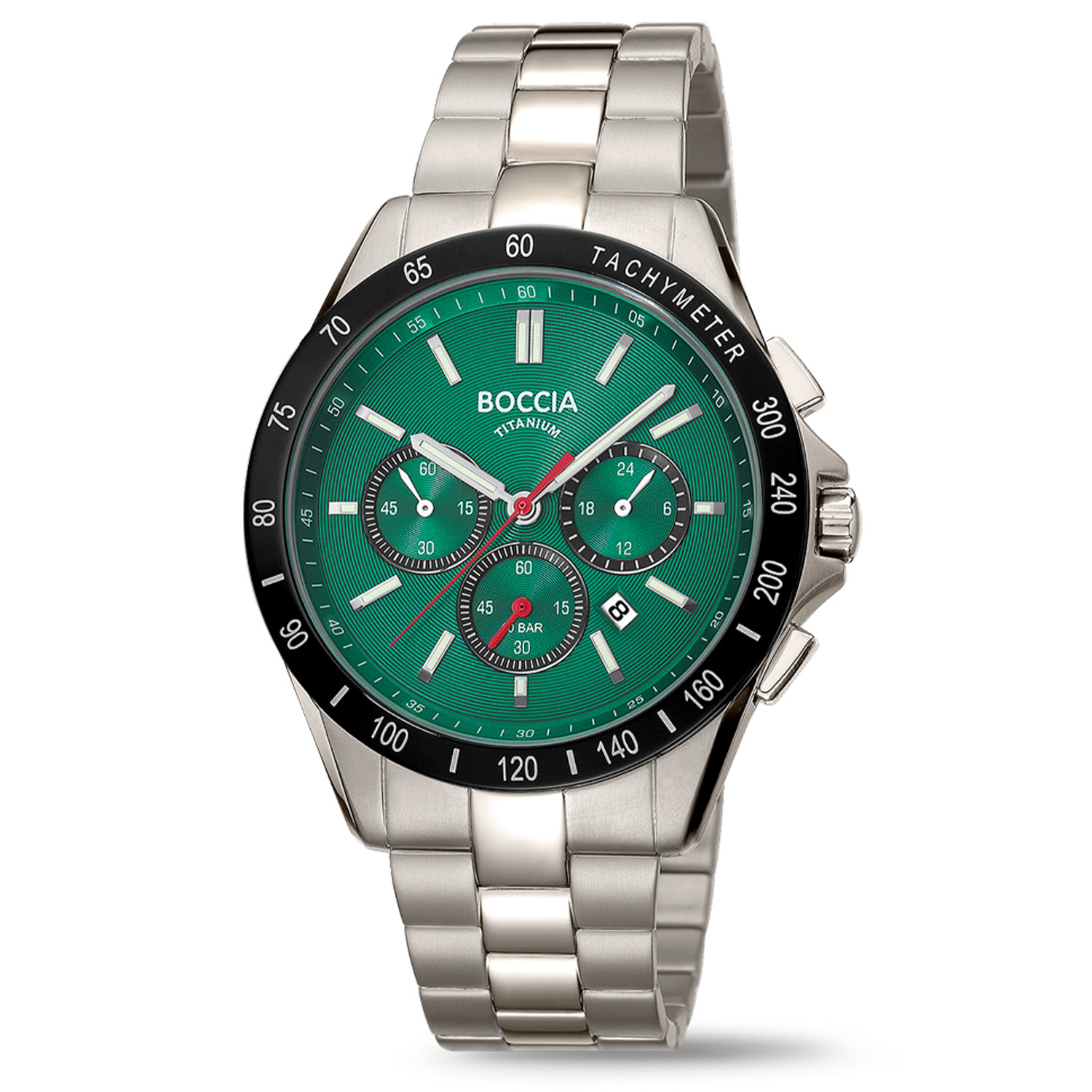 Boccia Titanium Herenhorloge Chrono 3733-02 &Oslash;42
Op zoek naar een stijlvol horloge met een stoer design? Dan is de 3733-02 de perfecte keuze! Het sportieve herenhorloge is gemaakt van titanium en heeft een groene wijzerplaat, een datum, mineraalglas en is 10ATM. De titanium schakelband is mat/glimmend. Combineer dit prachtige exemplaar met de andere sieraden van Boccia Titanium voor een complete look. 

HET MERK Boccia Titanium is het titanium merk van Nederland, dat zijn oorsprong in Duitsland vindt en is opgericht in het jaar 1992. Ontwikkeld door internationale ontwerpers. Alle titanium componenten van de BOCCIA TITANIUM collectie zijn gemaakt van 99,7% puur titanium; het bijzondere materiaal. Het is licht in gewicht, neemt de temperatuur van de huid aan en is zeer huidvriendelijk. Bovendien is het corrosie- en temperatuurbestendig. 

SPECIFICATIES 
- Mineraalglas 
- Titanium horlogekast, &Oslash; 42mm 
- Titanium horlogeband 
- Groene wijzerplaat
- Chrono 
- 10ATM (Douchen/ Zwemmen)