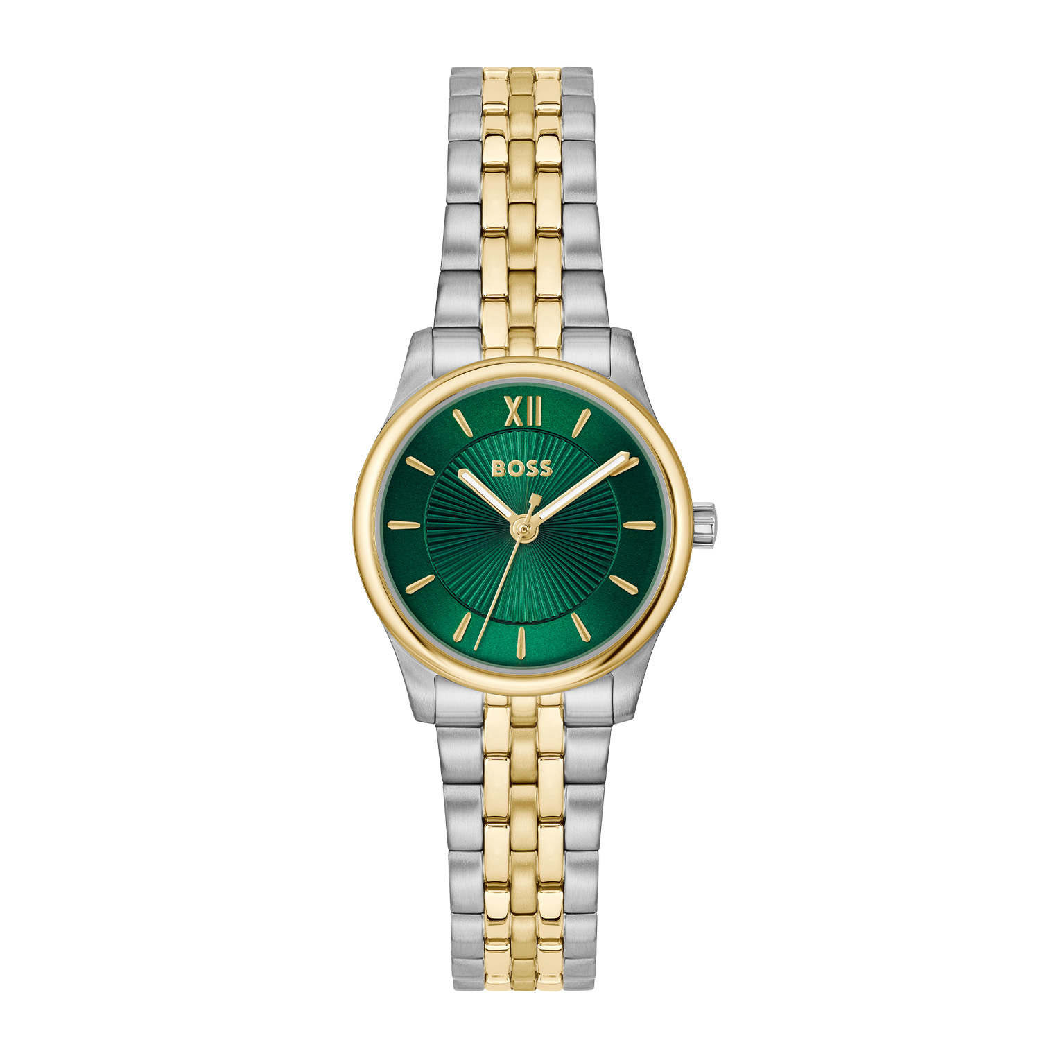 BOSS HB1502841 GRACEFUL MINA 25mm
Dit BOSS horloge uit de GRACEFUL MINA serie met artikelnr: HB1502841 heeft een moderne uitstraling. Het gaat niet alleen om de tijd, maar ook om elk moment te grijpen en er je eigen draai aan te geven. Wees je eigen baas, bepaal je eigen tempo en ga ervoor. Dit dameshorloge valt op door de stalen horlogekast met een goudkleurige bezel een groene sunray wijzerplaat met goudkleurige accenten. Aan de kast zit een verfijnde stalen bicolor schakelband met een vouwsluiting. Het horloge heeft een doorsnee van 25mm, een mineraalglas en is 3ATM. 

HET MERK:
HUGO BOSS is afgestemd op levensstijlen waar het gaat om kwaliteit en precisie. Het wereldwijde fashionlabel is verdeeld in twee merken: BOSS en HUGO. Het merk BOSS biedt geavanceerde, moderne horloges gericht op kwaliteit en design om een onberispelijke look te cre&euml;ren &ndash; of het nu zakelijk, casual of sportief is. De horloge collectie van BOSS is perfect afgestemd op levensstijlen waar het gaat om kwaliteit en precisie. BOSS is op maat gemaakt in een onberispelijke stijl.

Blijf stijlvol bij de tijd. Voor de BOSS-vrouw is stijl het handelsmerk en draait alles om
details. Breng uw look naar een hoger niveau met onze nieuwe en kenmerkende horlogecollectie.

SPECIFICATIES:
- Mineraalglas
- Ronde kastvorm, 25mm
- Stalen horlogekast
- Groene wijzerplaat
- Stalen bicolor schakelband
- 3ATM