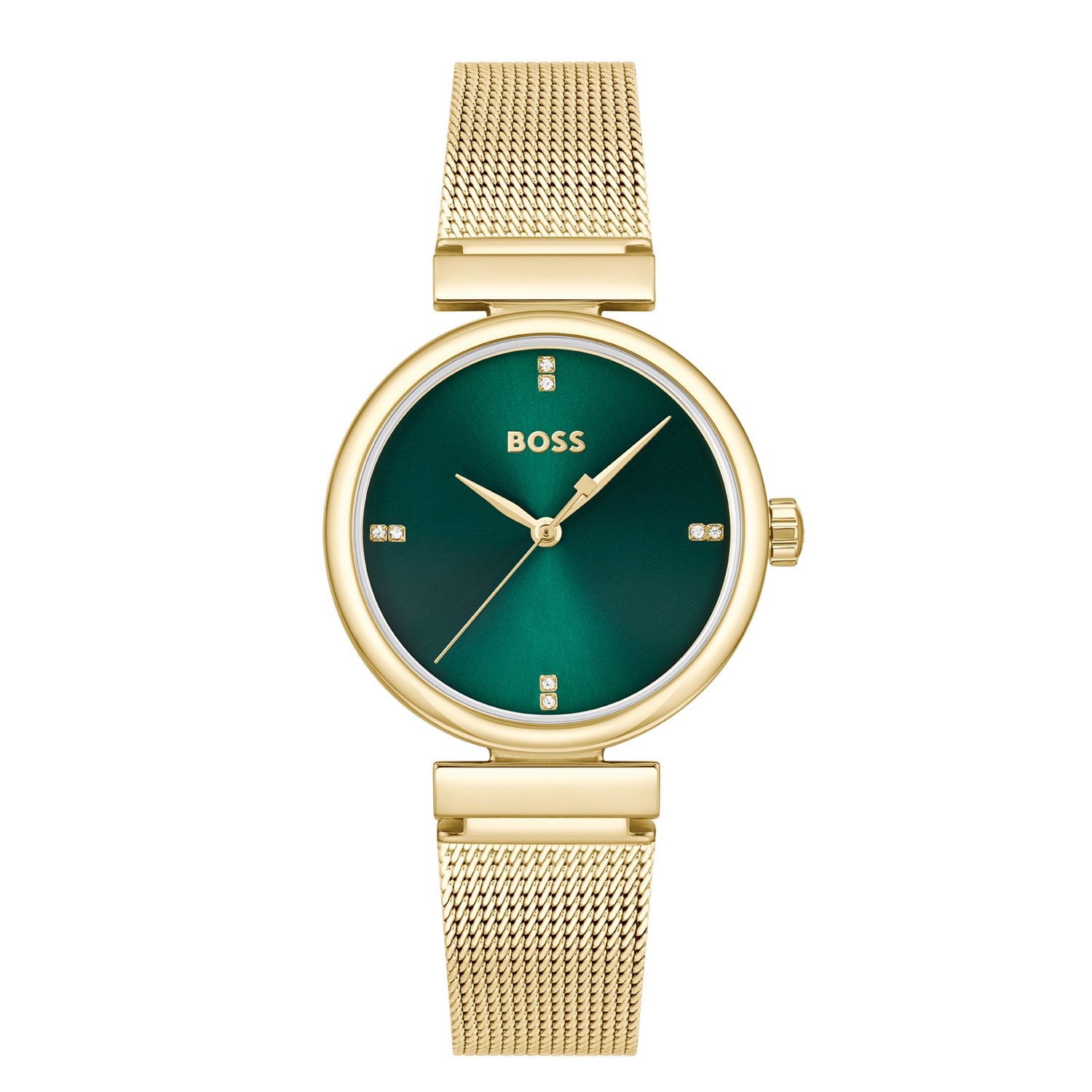 BOSS HB1502855 ROSEHILL 32mm
Dit BOSS horloge uit de ROSEHILL serie met artikelnr: HB1502855 heeft een chique uitstraling. Het gaat niet alleen om de tijd, maar ook om elk moment te grijpen en er je eigen draai aan te geven. Wees je eigen baas, bepaal je eigen tempo en ga ervoor. Dit dameshorloge valt op door de stalen goudkleurige horlogekast met een groene sunray wijzerplaat met kristallen als uursaanduiding op de 3,6,9 en 12. Aan de kast zit een goudkleurige milanese band met een druksluiting. Het horloge heeft een doorsnee van 32mm, een mineraalglas en is 3ATM. 

HET MERK:
HUGO BOSS is afgestemd op levensstijlen waar het gaat om kwaliteit en precisie. Het wereldwijde fashionlabel is verdeeld in twee merken: BOSS en HUGO. Het merk BOSS biedt geavanceerde, moderne horloges gericht op kwaliteit en design om een onberispelijke look te cre&euml;ren &ndash; of het nu zakelijk, casual of sportief is. De horloge collectie van BOSS is perfect afgestemd op levensstijlen waar het gaat om kwaliteit en precisie. BOSS is op maat gemaakt in een onberispelijke stijl.

Blijf stijlvol bij de tijd. Voor de BOSS-vrouw is stijl het handelsmerk en draait alles om
details. Breng uw look naar een hoger niveau met onze nieuwe en kenmerkende horlogecollectie.

SPECIFICATIES:
- Mineraalglas
- Ronde kastvorm, 32mm
- Stalen goudkleurige horlogekast
- Groene wijzerplaat
- Milanese band
- 3ATM