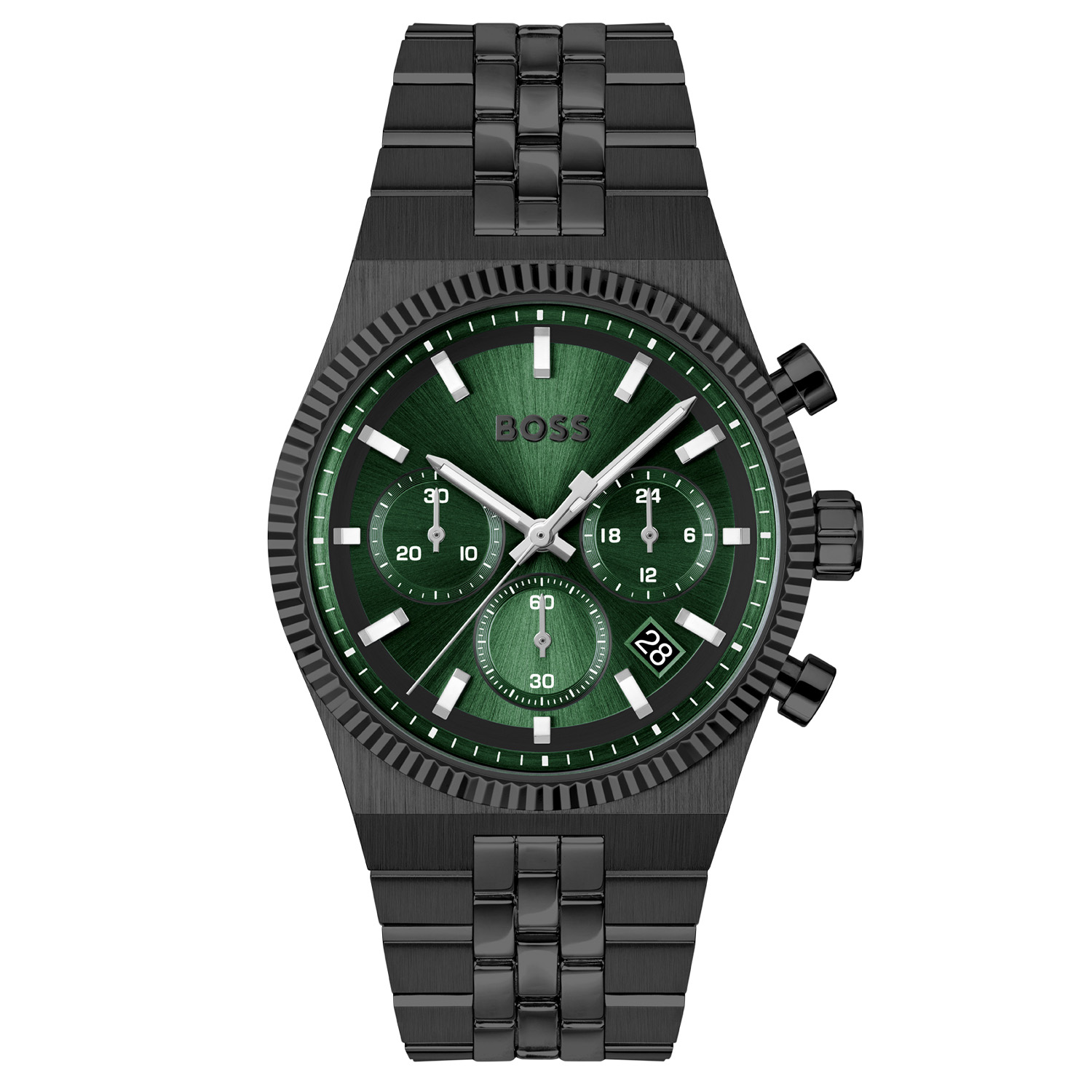 BOSS HB1514308 CANDOR PRIME 41mm
Dit BOSS horloge uit de CANDOR PRIME serie met artikelnr: HB1514308 heeft een sportieve uitstraling. Het gaat niet alleen om de tijd, maar ook om elk moment te grijpen en er je eigen draai aan te geven. Wees je eigen baas, bepaal je eigen tempo en ga ervoor. Het herenhorloge valt op door zijn zwarte stalen horlogekast met een gekartelde bezel en zijn groene sunray wijzerplaat met een chronograaf en een datum. Opvallend zijn de wijzers door de lumibrite en de strepen gevuld met lumibrite. Aan de kast zit een zwarte stalen schakelband met een vouwsluiting. Het horloge heeft een doorsnee van 41mm, een mineraalglas en is 5ATM. 

HET MERK:
HUGO BOSS is afgestemd op levensstijlen waar het gaat om kwaliteit en precisie. Het wereldwijde fashionlabel is verdeeld in twee merken: BOSS en HUGO. Het merk BOSS biedt geavanceerde, moderne horloges gericht op kwaliteit en design om een onberispelijke look te cre&euml;ren &ndash; of het nu zakelijk, casual of sportief is. De horloge collectie van BOSS is perfect afgestemd op levensstijlen waar het gaat om kwaliteit en precisie. BOSS is op maat gemaakt in een onberispelijke stijl.

Blijf stijlvol bij de tijd. Voor de BOSS-vrouw is stijl het handelsmerk en draait alles om
details. Breng uw look naar een hoger niveau met onze nieuwe en kenmerkende horlogecollectie.

SPECIFICATIES:
- Mineraalglas
- Ronde kastvorm, &Oslash; 41mm
- Zwarte stalen horlogekast
- Groene wijzerplaat
- Zwarte stalen schakelband
- Chronograaf en datum
- 5ATM