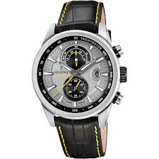 Festina-stalen kast-zwart leder band-grijze wijzerplaat- 10atm