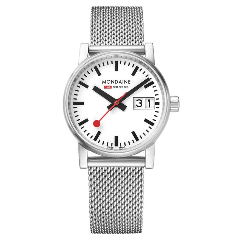 Mondaine - MSE.30210.SM - Evo2
Dit design dameshorloge uit de Mondaine Evo2 serie is een stijlvol horloge met datumaanduiding uit de eerste &lsquo;Official Swiss Railway Watch&rsquo; serie. Het horloge heeft krasvast saffierglas en een matte licht gebolde horlogekast met een kastdiameter van 30 mm. De band van het horloge is van Milanees gevlochten staal. De stalen band is gemakkelijk op maat te maken d.m.v. een schroevendraaier. Duw het klepje omhoog en plaats de sluiting op de juiste positie. Na het dichtduwen van het klepje is het horloge opnieuw klaar voor gebruik!

HET MERK 
The Official Swiss Railway Watch. Gebaseerd op de offici&euml;le stationsklok van de Zwitserse spoorwegen, is 30 jaar geleden de horlogelijn onder het merk Mondaine opgezet. Zwitserse kwaliteitsuurwerken, net zo punctueel als de Zwitserse treinen. 
Een echte design klassieker met een unieke wijzerplaat en de wereldberoemde rode secondewijzer met bolletje. Herkenbaar uit duizenden.

SPECIFICATIES
- Duidelijke datumaanduiding
- Krasvast saffierglas
- Licht gebolde kastvorm, &Oslash; 30 mm
- Matte stalen horlogekast
- Witte wijzerplaat van de originele stationsklok
- Milanees gevlochten stalen horlogeband
- Horlogeband gemakkelijk op maat te maken
- Swiss Made

INKORTEN BAND
De band van het horloge is gemakkelijk op maat te maken d.m.v. een schroevendraaier. Duw het klepje omhoog en plaats de sluiting op de juiste positie. Na het dichtduwen van het klepje is het horloge opnieuw klaar voor gebruik! U kunt dit zo vaak doen als nodig.
