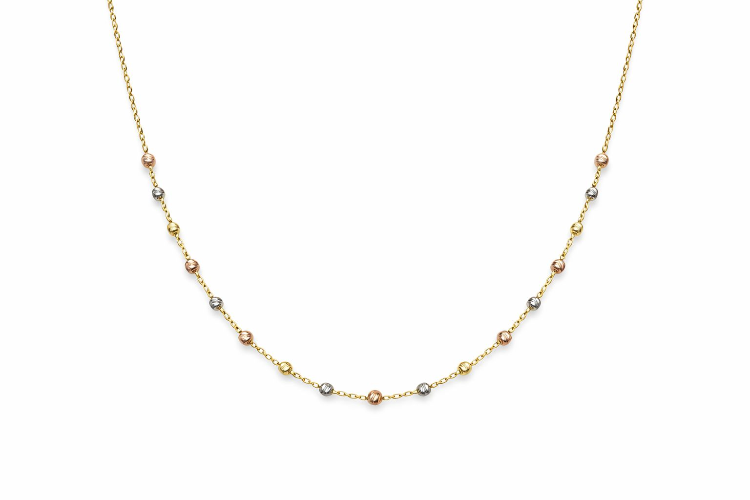 Dit prachtige gouden collier, modelnummer FR1-20, is een elegante toevoeging aan je sieradencollectie. Het collier is 45 cm lang en gemaakt van 14-karaats goud met een tricolor afwerking in goud, zilver en ros&eacute;goud. Draag deze verfijnde halsketting als een stijlvolle touch bij zowel casual als formele outfits.