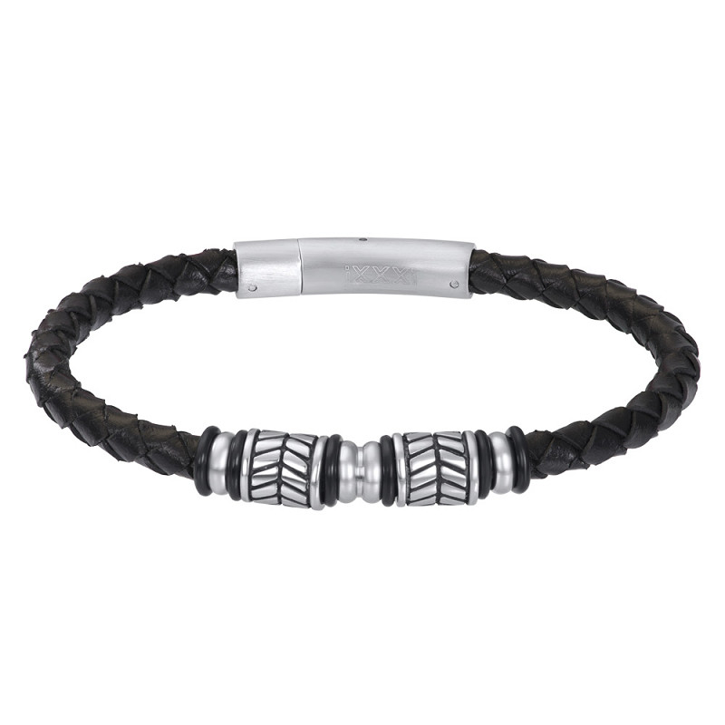 De iXXXi Men armband Dani is een dunne, subtiele, zwart  leren armband met matt-zilverkleurige details gemaakt van stainless steel. M0103419004