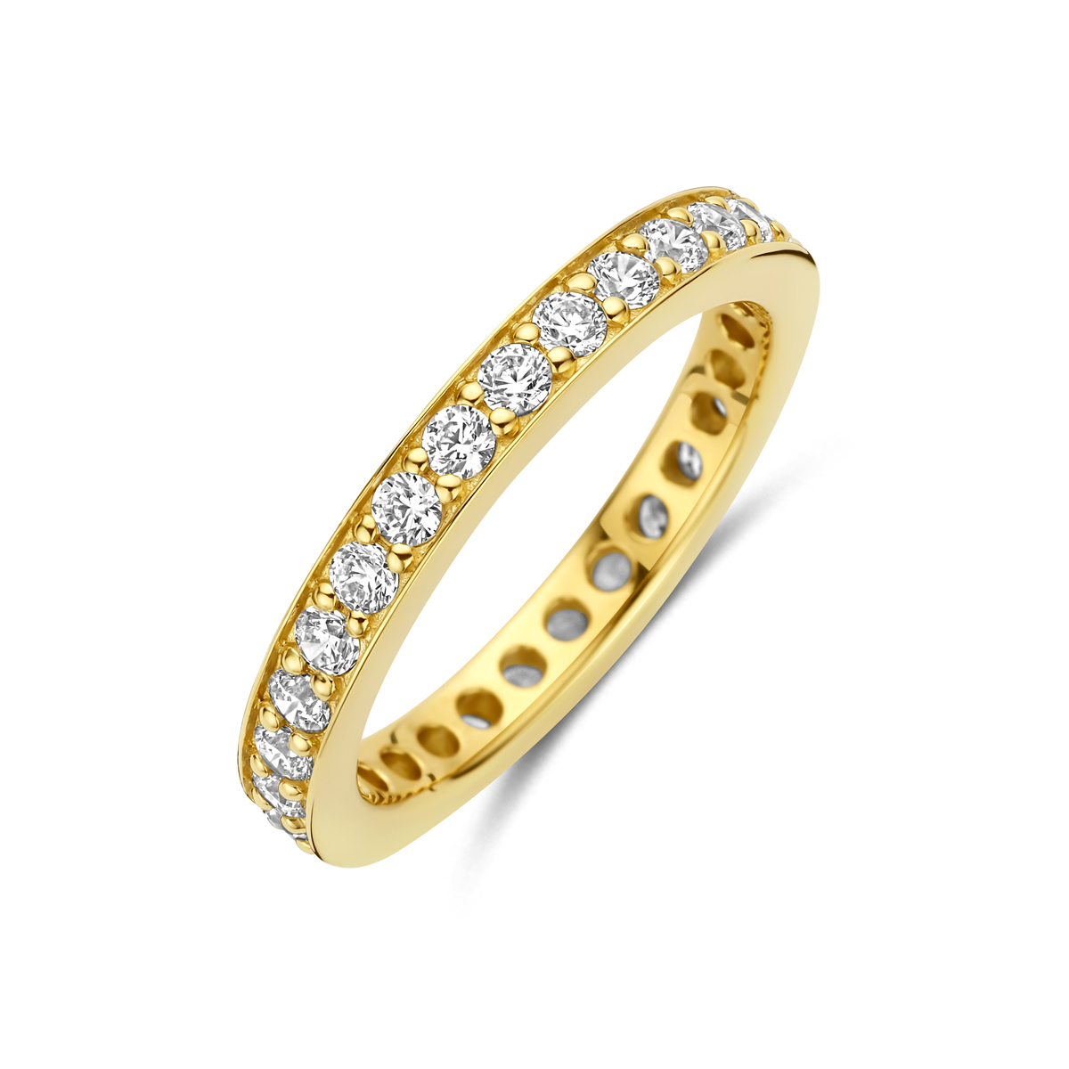 Verguld geel 925 zilveren ring uitgevoerd met zirkonia. De ring heeft een breedte van 2.9mm. Geen garantie op plating.