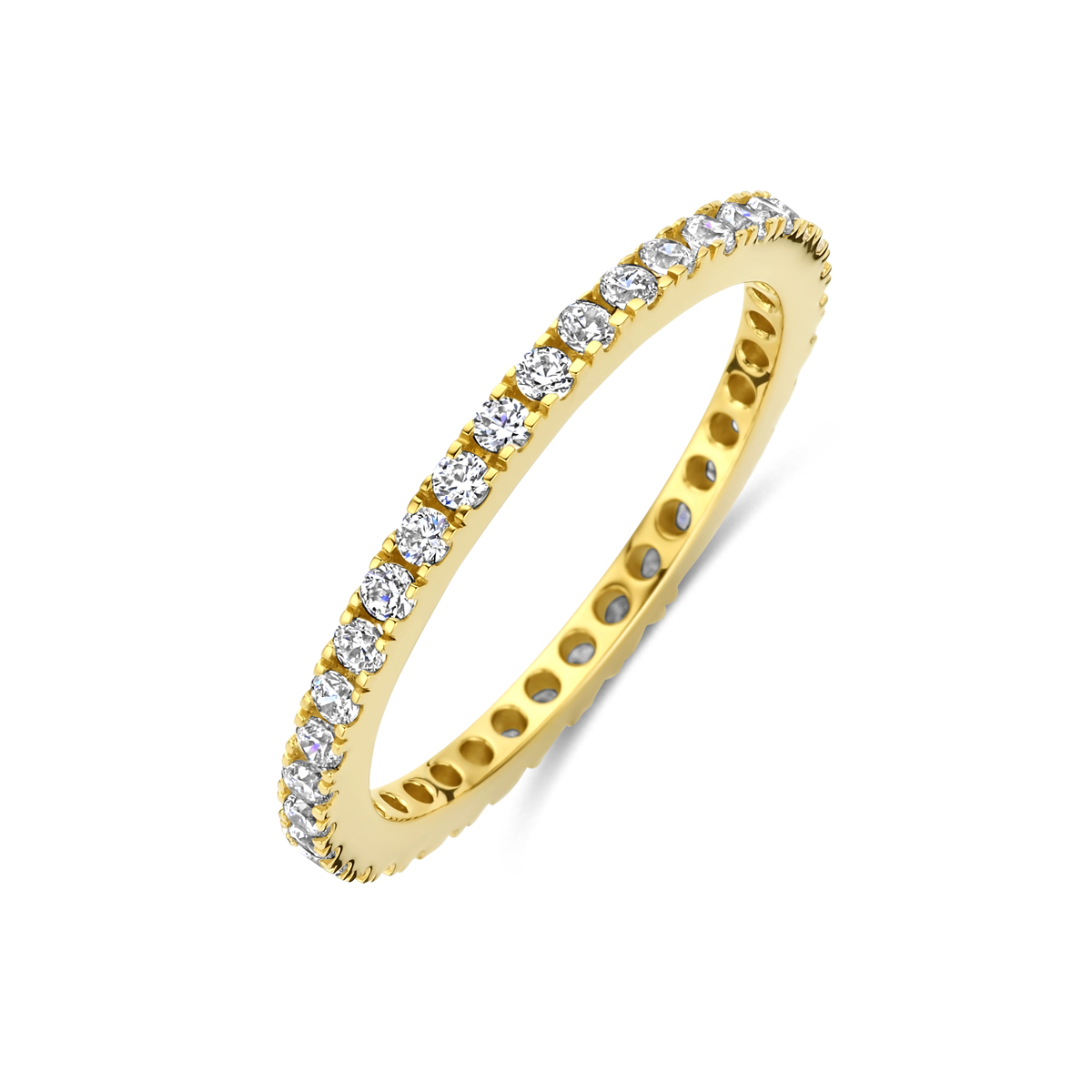 Verguld geel 925 zilveren ring uitgevoerd met zirkonia. De ring heeft een breedte van 1.6mm. Geen garantie op plating.
