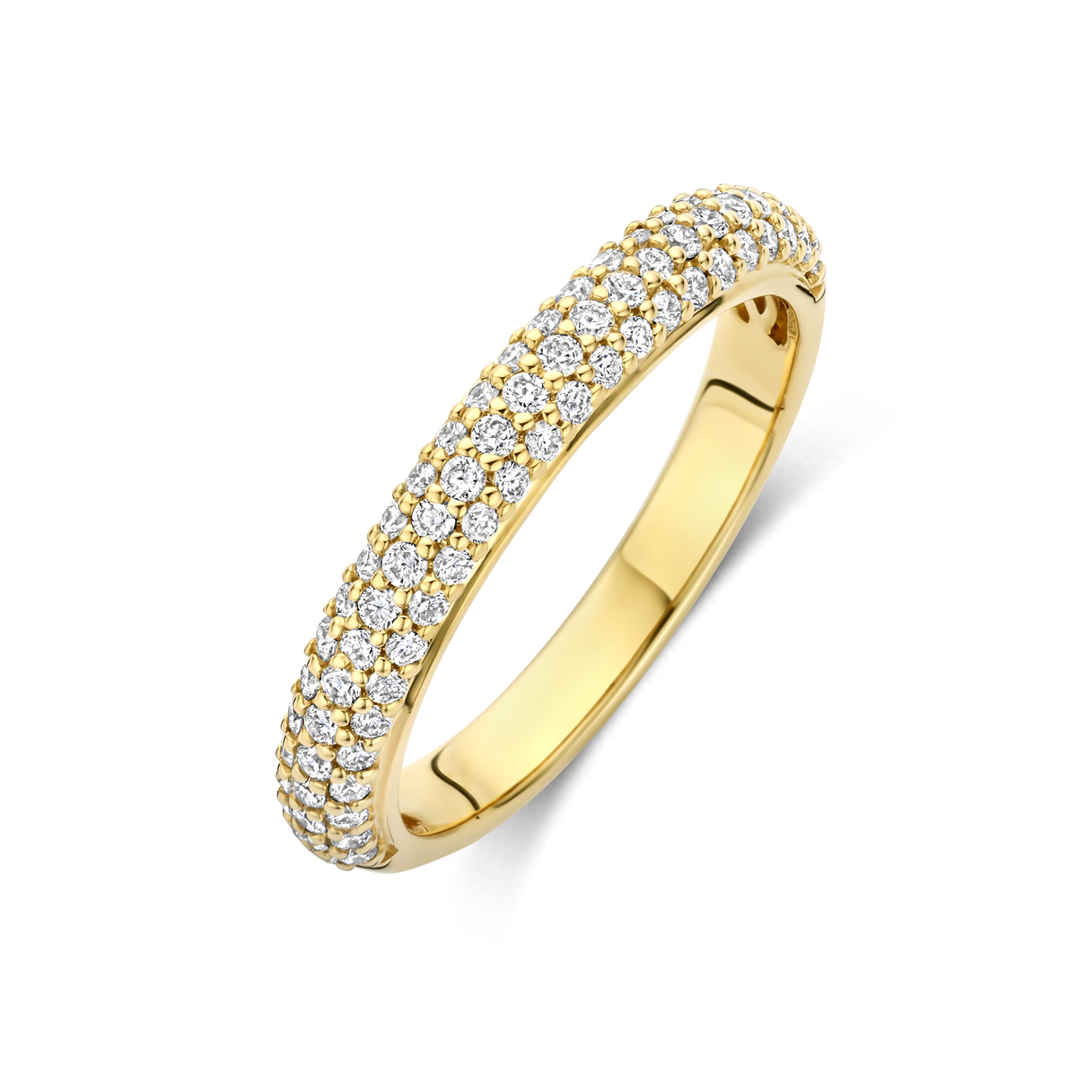 14k Geelgouden ring uitgevoerd met lab grown diamanten. De ring heeft een breedte van 3.5mm en het totale diamantgewicht is 0.48ct.Lab grown diamanten zijn diamanten die ontstaan in een laboratorium. Onder extreem hoge druk en temperatuur wordt het natuurlijk ontstaansproces nagebootst met als eindresultaat een diamant met dezelfde chemische eigenschappen maar met een andere oorsprong.