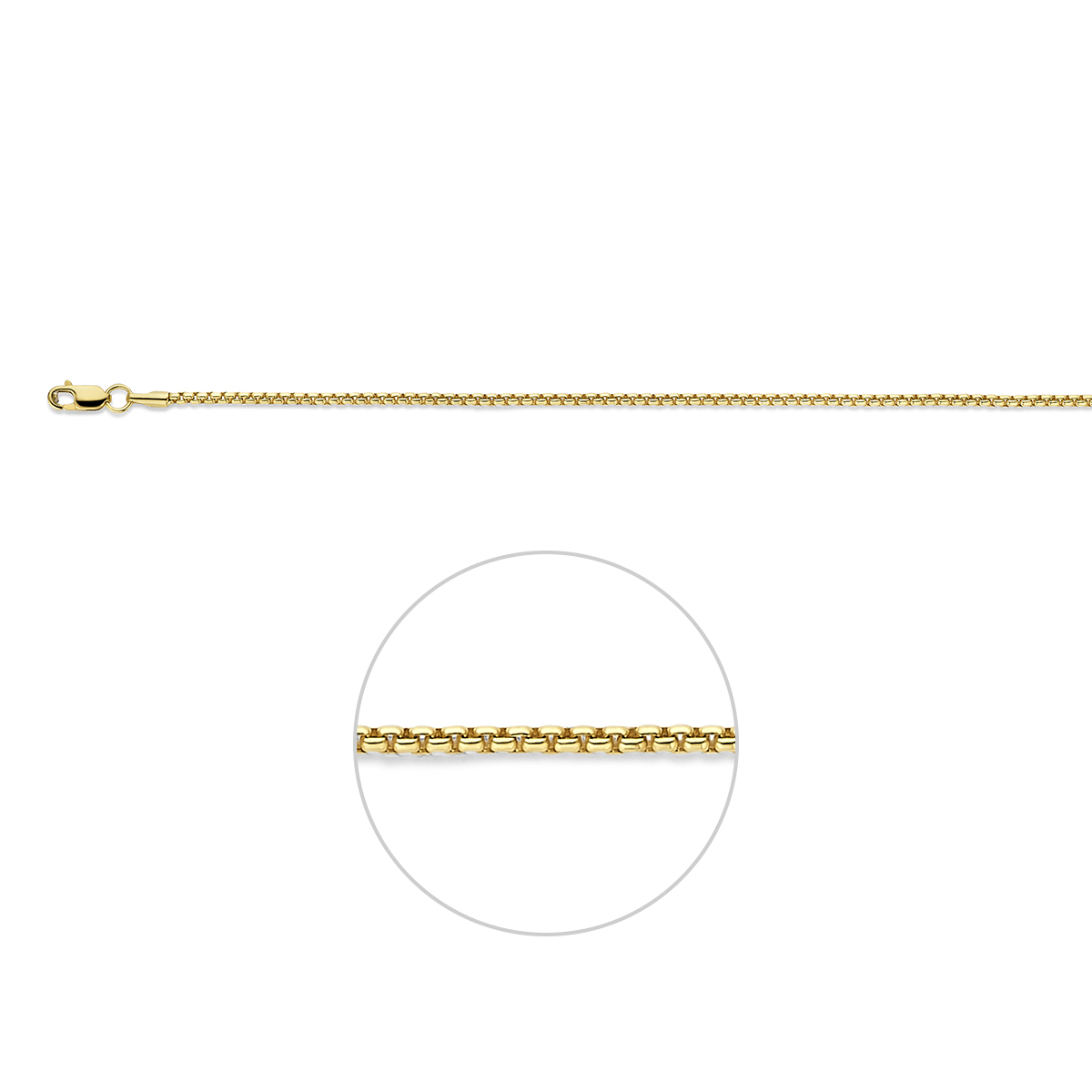 14k Geelgouden lengteartikelen met een kern van 925 zilver. De schakelbreedte is 1.8mm en is uitgevoerd met een karabijnsluiting.