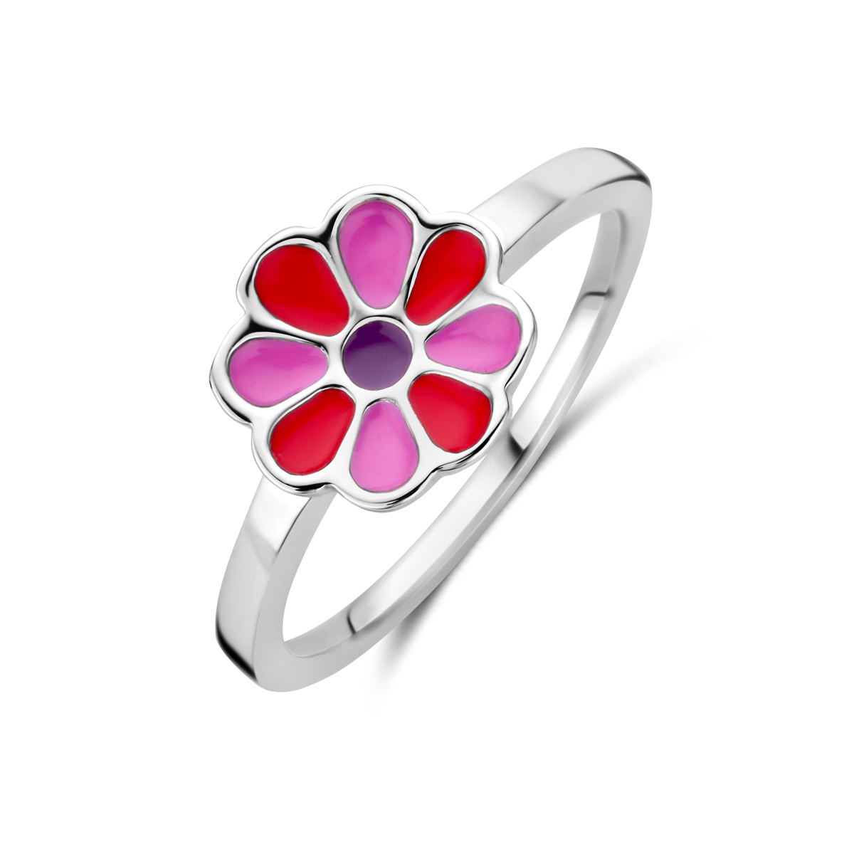 Gerhodineerd zilveren ring met een breedte van 7.5mm uitgevoerd in de vorm van een bloem in de kleuren roze rood en paarse emaille. Deze ring is te combineren met bijpassende sieraden uit onze collectie