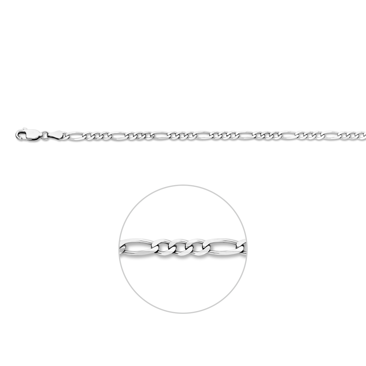 Gerhodineerd 925 zilveren figaro lengte artikel met een schakelbreedte van 3.3mm. Het lengte artikel heeft een stevige karabijn sluiting.