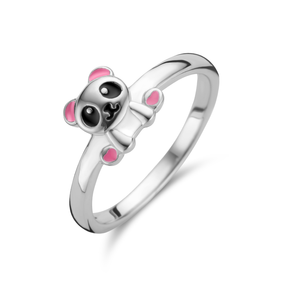 Gerhodineerd zilveren ring uitgevoerd met een emaille panda. De ring heeft een breedte van 6.5mm.