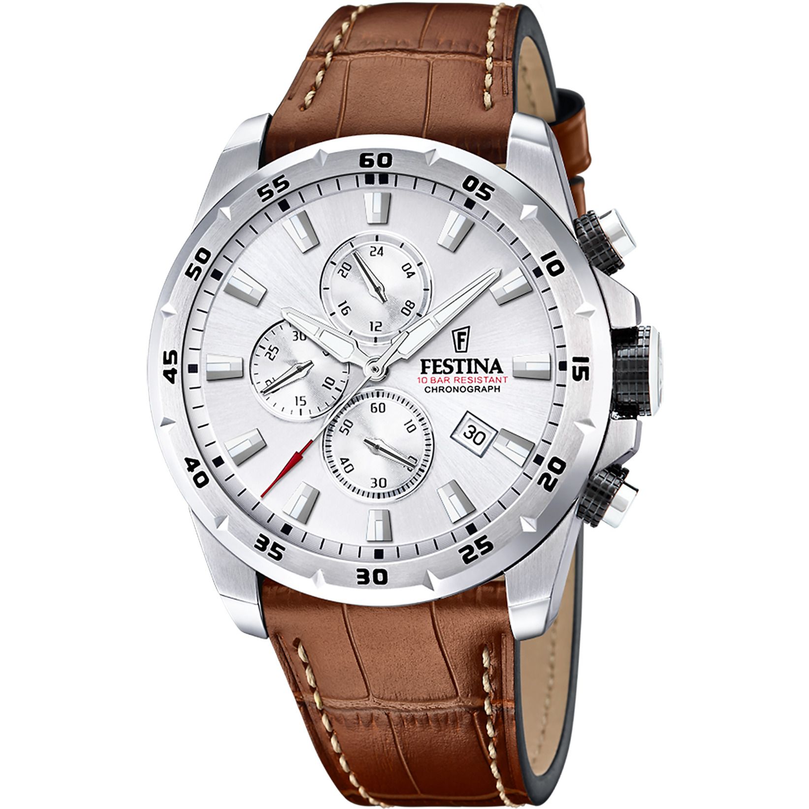 Laat je pols spreken met de Festina Chrono Sport Timeless, een krachtig herenhorloge dat stijl, functionaliteit en sportieve finesse naadloos combineert. Deze tijdmeter is ontworpen voor de man die precisie waardeert, maar nooit inlevert op uitstraling. De zilverkleurige wijzerplaat straalt elegantie uit, terwijl de rode secondewijzer een subtiele sportieve flair toevoegt. De robuuste kast van roestvrijstaal met een diameter van 44,5 mm en het krasbestendige mineraalglas maken dit horloge bestand tegen het ritme van elke dag. Dankzij de waterdichtheid tot 10 ATM is hij ook geschikt om mee te zwemmen. Met het chronograafmechanisme en een handige datumaanduiding blijf je altijd perfect op tijd. De bruine leren band met wit stiksel en klassieke gesp biedt niet alleen comfort, maar ook een stijlvolle tegenhanger voor de zilveren kast. Let op: leren bandjes zijn gevoelig voor water en kunnen bij veel contact sneller slijten. Draag het horloge daarom met zorg om de levensduur te verlengen.