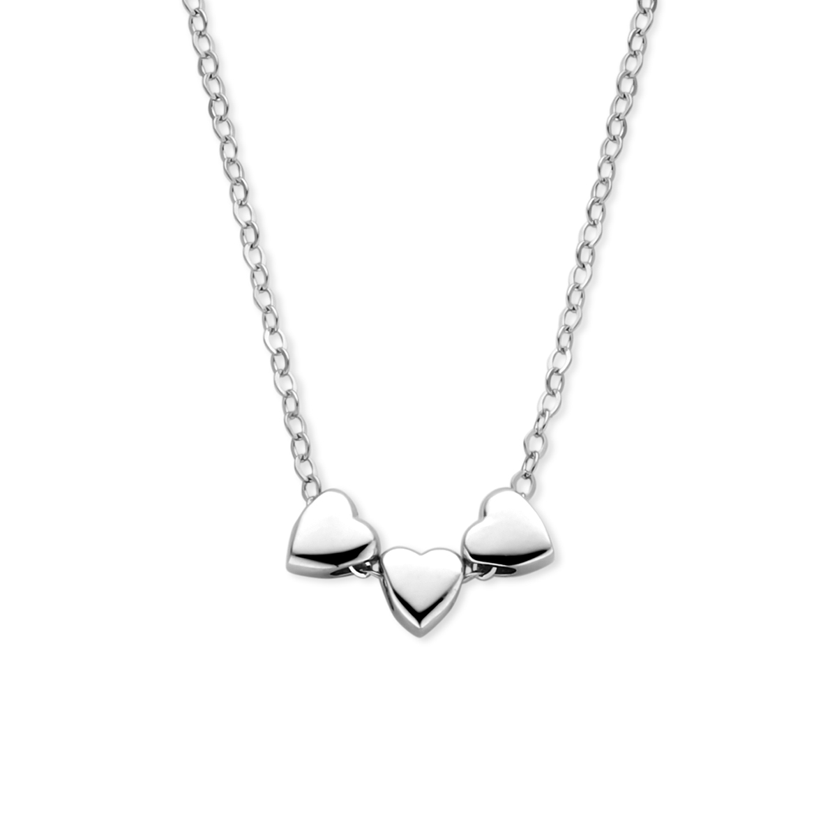 Gerhodineerd 925 zilveren collier uitgevoerd met 3 hartjes. Het collier heeft een draaglengte van 41cm met een extensie van 4cm.