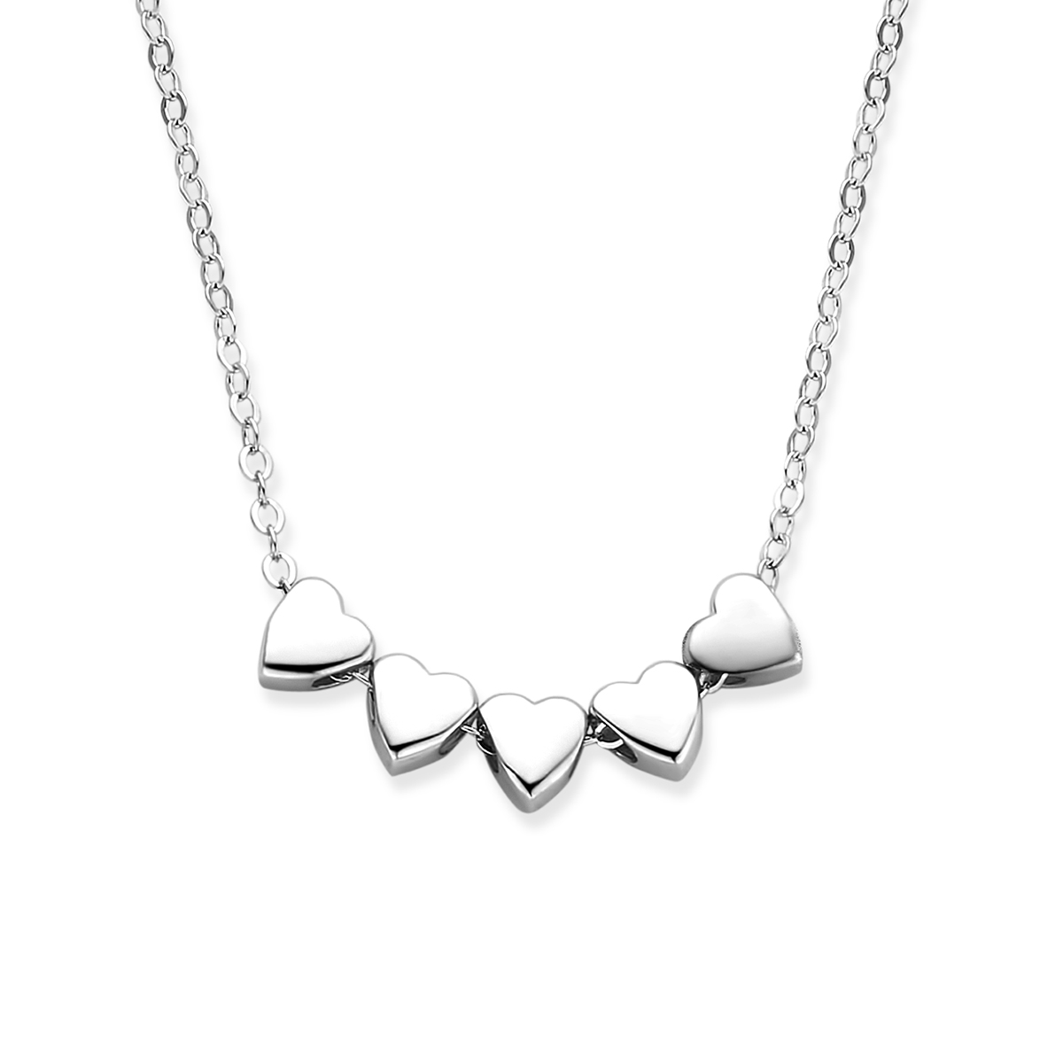 Gerhodineerd 925 zilveren collier uitgevoerd met 5 hartjes. Het collier heeft een draaglengte van 41cm met 4cm extensie.