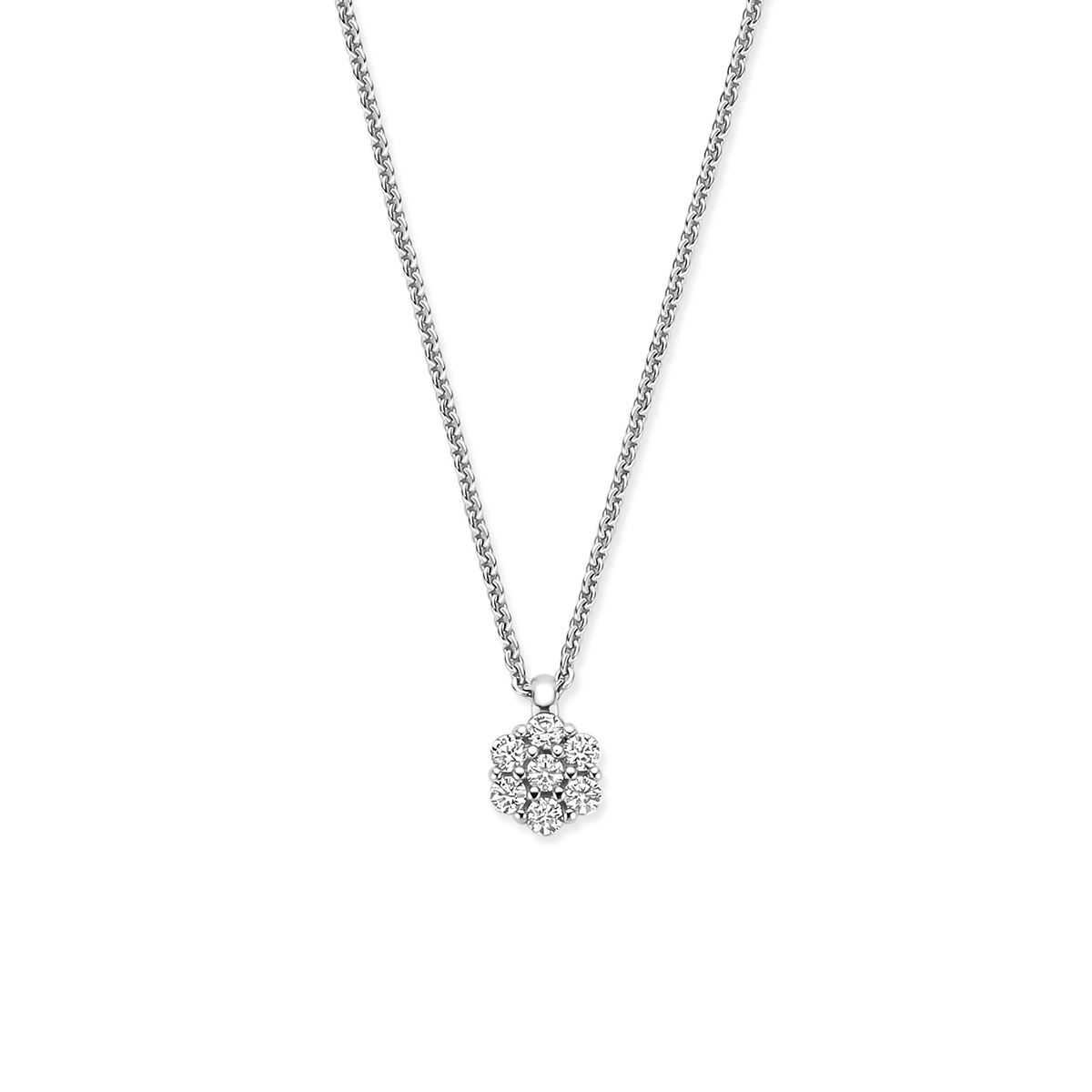 Gerhodineerd 925 zilveren collier uitgevoerd met zirkonia. Het collier heeft draaglengtes van 41-43-45cm. Uitgevoerd met karabijnsluiting.