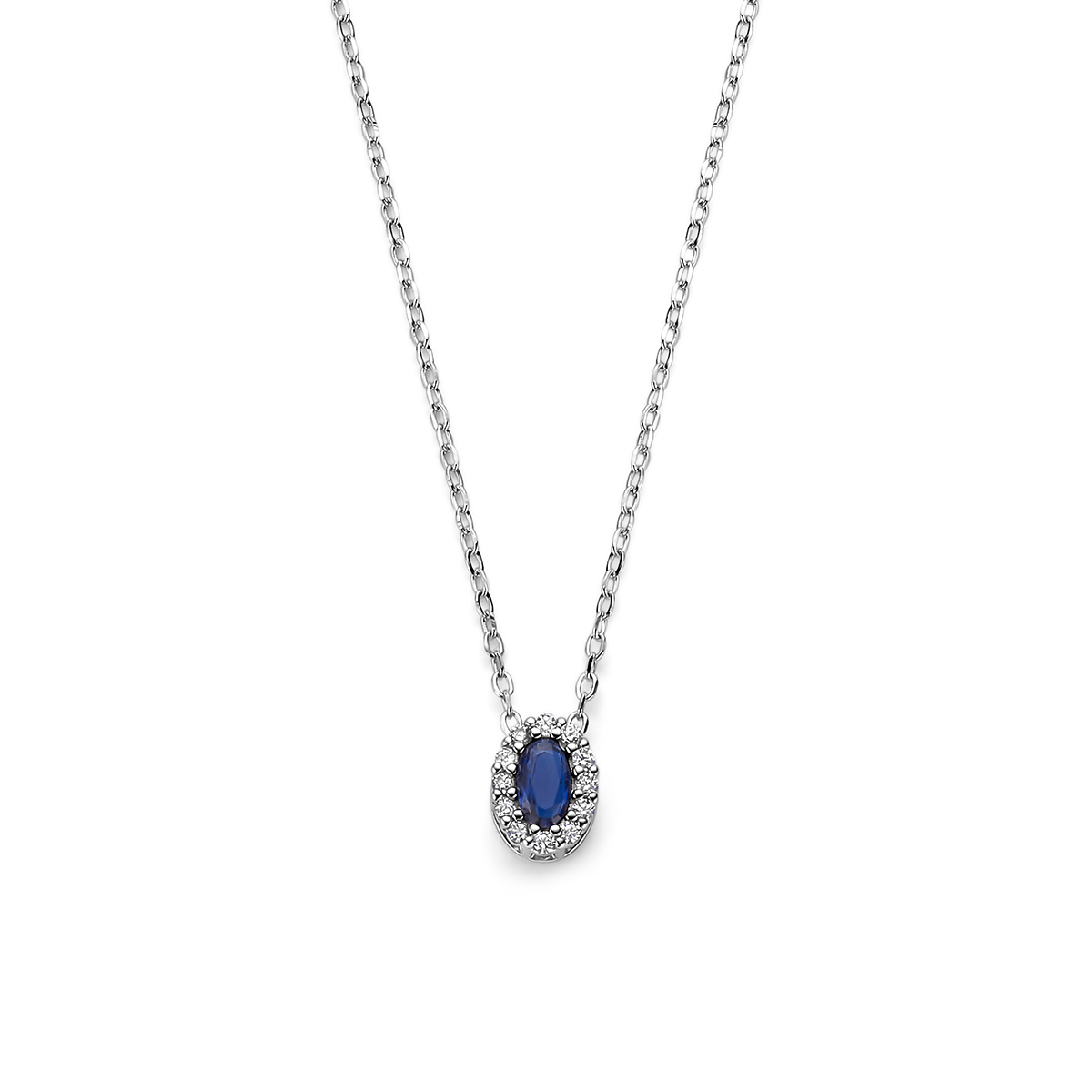 Gerhodineerd 925 zilveren collier uitgevoerd met saffier en zirkonia. Het collier heeft draaglengtes van 41-43-45cm.