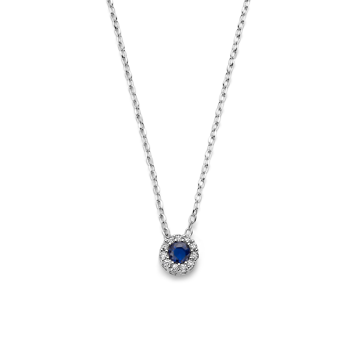 Gerhodineerd 925 zilveren collier uitgevoerd met saffier en zirkonia. Het collier heeft draaglengtes van 41-43-45cm.