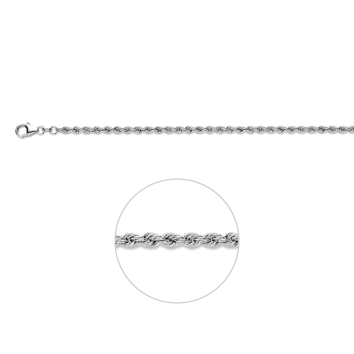 Massief gerhodineerd 925 zilveren lengte artikel met koord schakel. De schakelbreedte is 3.1mm en is uitgevoerd met karabijn sluiting.