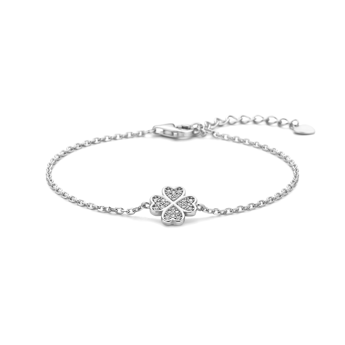 Gerhodineerd 925 zilveren armband uitgevoerd met een klavertje en zirkonia. De armband heeft een draaglengte van 16cm en een 3cm extensie.