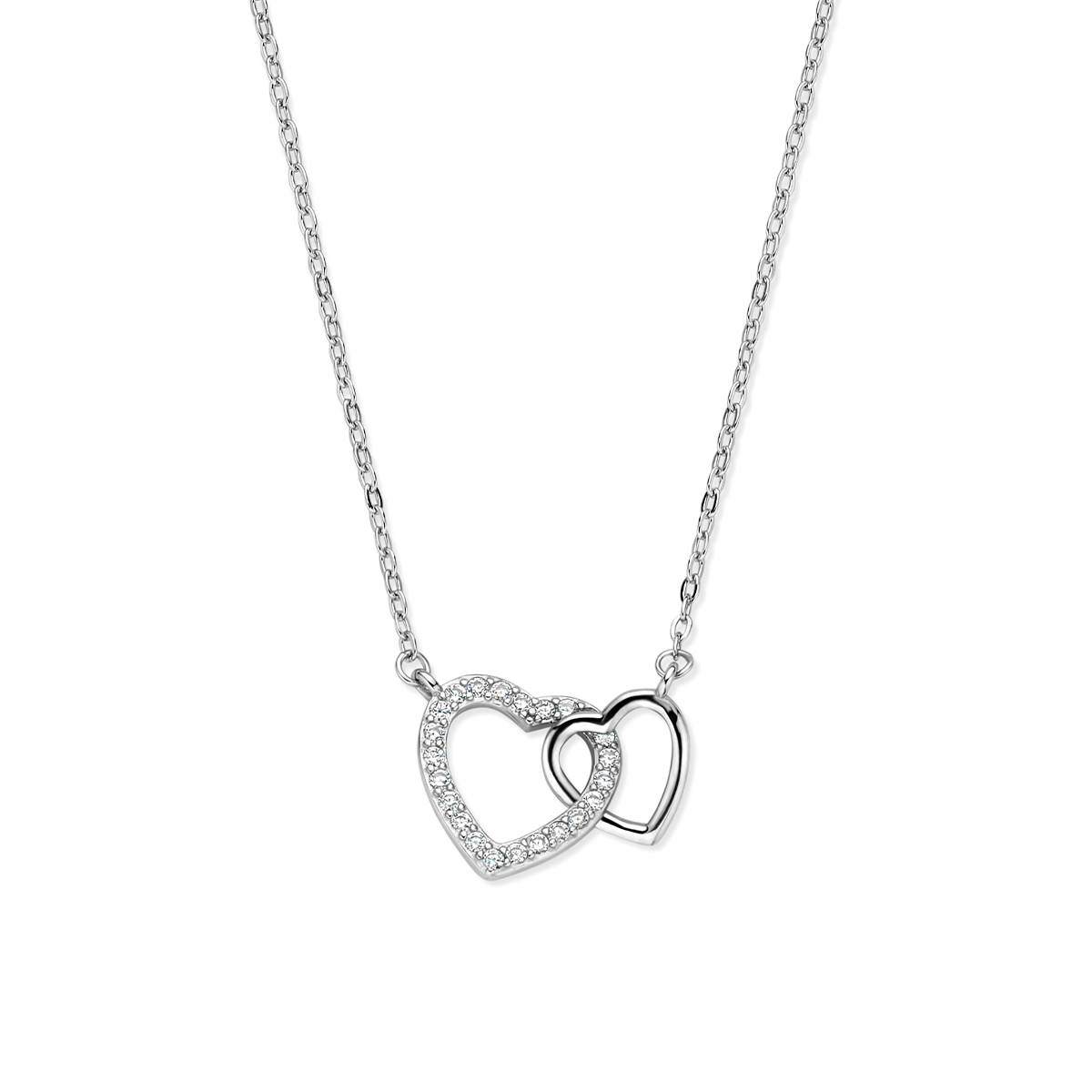 Gerhodineerd 925 zilveren collier uitgevoerd met hartjes en zirkonia. Het collier heeft draaglengtes van 41-43-45cm.
