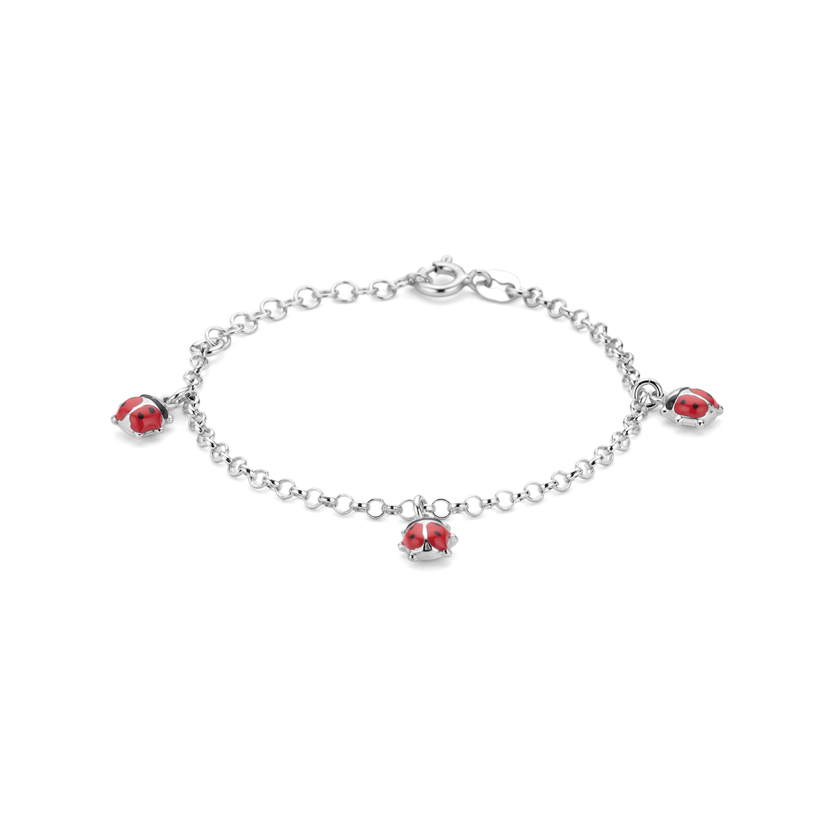 Gerhodineerd 925 zilveren armband uitgevoerd met lieveheersbeestjes. De armband heeft een draaglengte van 13cm met 3cm extensie.