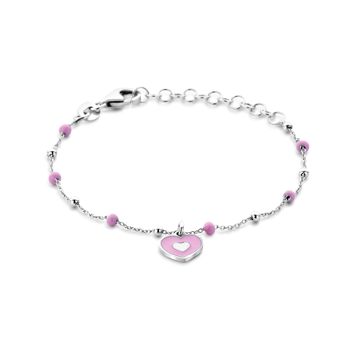 Gerhodineerd 925 zilveren armband met een emaille hartje. De armband heeft&nbsp;een schakelbreedte van 0,9mm en een draaglengte van 13cm met 3cm extensie.&nbsp;Uitgevoerd met karabijnsluiting.