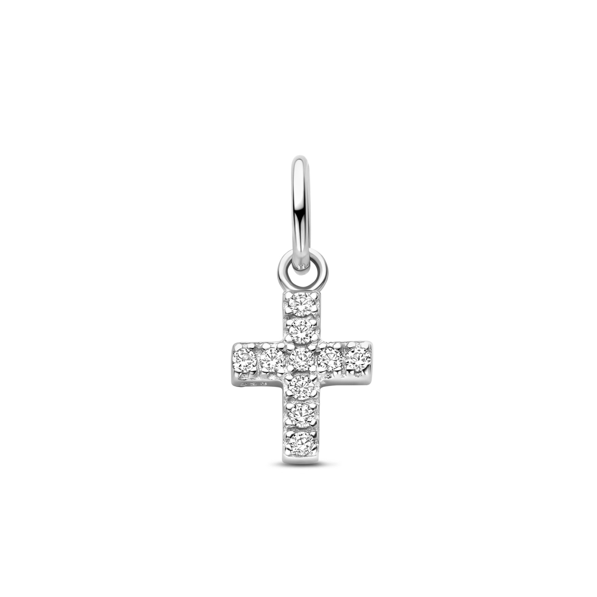 Gerhodineerd 925 zilveren hanger uitgevoerd in de vorm van een kruis met zirkonia. De hanger heeft een totale hoogte van 15,5mm. Het kruisje heeft de afmetingen 11x7mm.