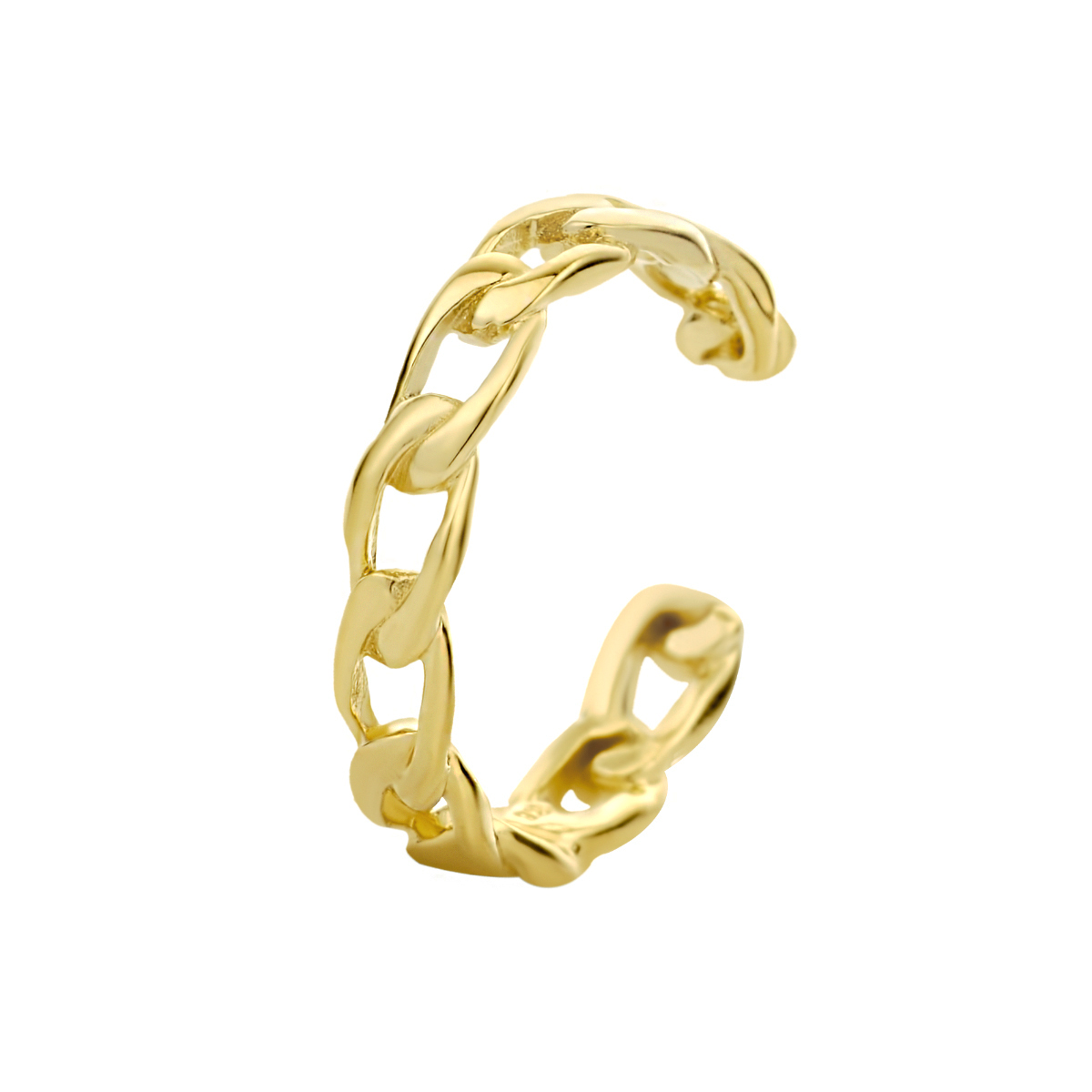 Verguld op 925 zilveren earcuff uitgevoerd in schakelvorm. De earcuff heeft een diameter van 13mm en wordt per stuk verkocht.&nbsp;Geen garantie op plating.