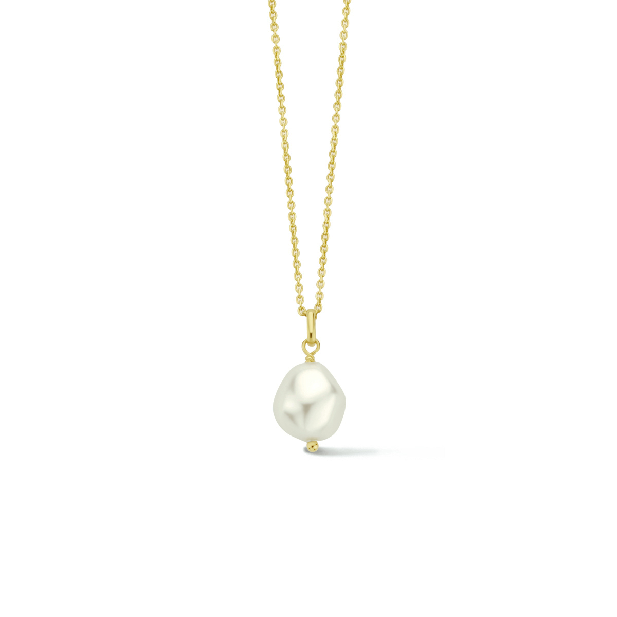 Verguld op 925 zilveren anker collier uitgevoerd met een synthetische parel en een karabijn sluiting. Het collier heeft een draaglengte van 40cm. De schakelbreedte is 1.3mm. Geen garantie op plating.