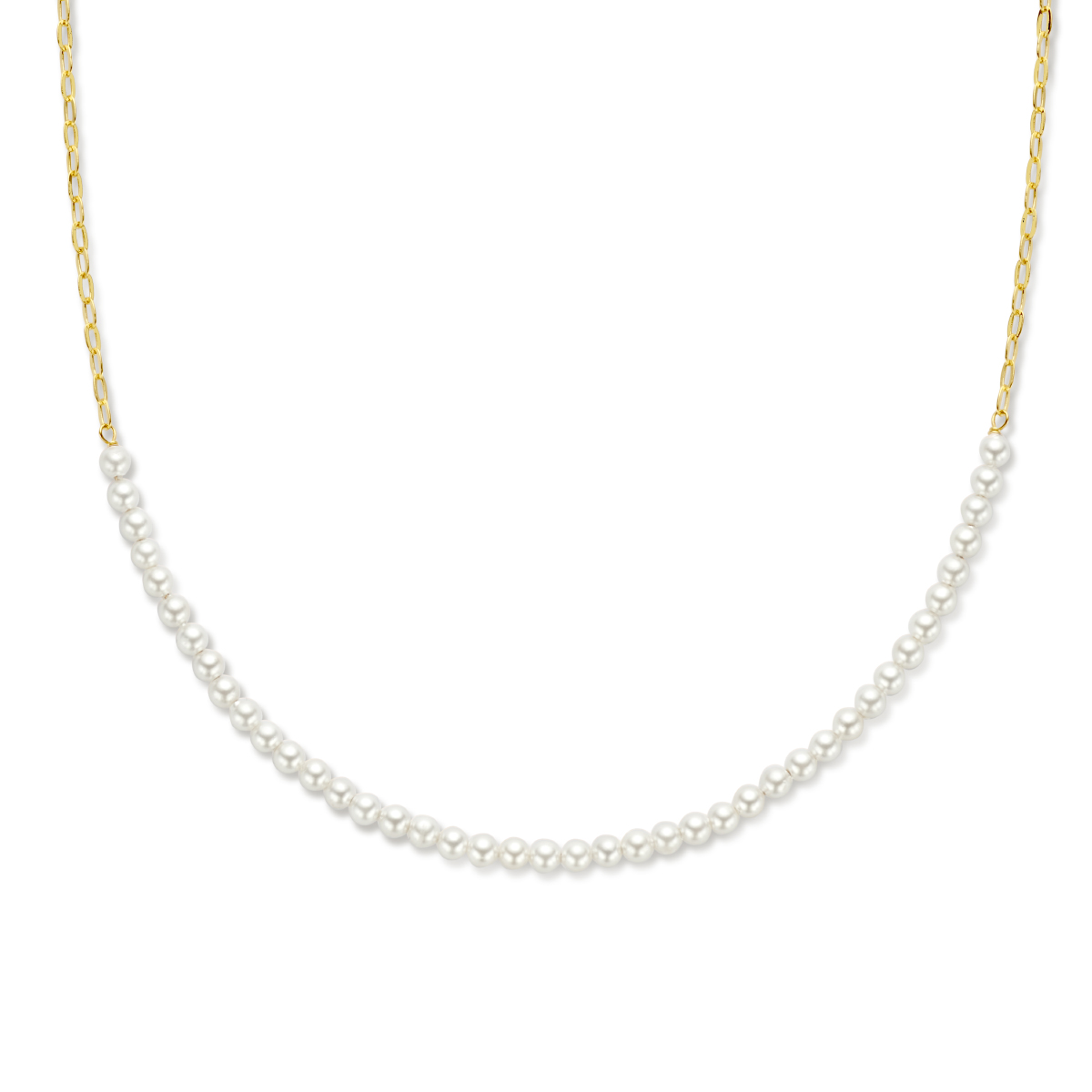 Verguld op 925 zilveren collier met synthetische parels. Het collier heeft een draaglengte van 41cm en extensie van 5cm. De schakelbreedte is 1.9mm. Uitgevoerd met een karabijn sluiting.