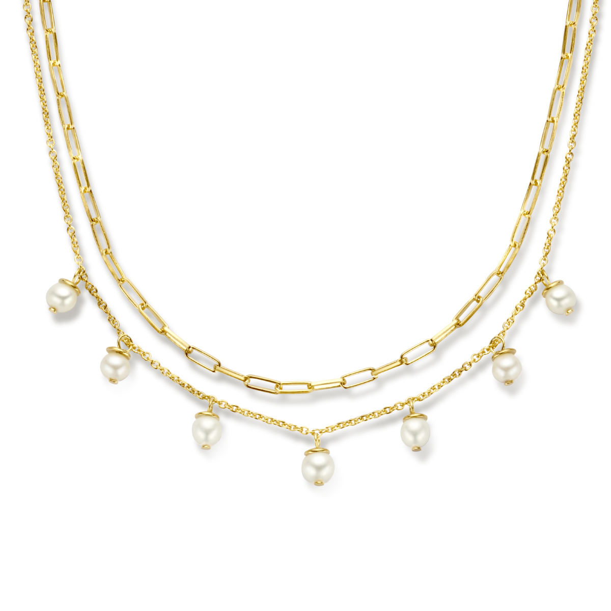 Geelgoud op 925 zilveren multi-collier met zoetwaterparels. Het collier heeft een draaglengte van 42cm en een extensie van 3cm. De schakelbreedtes zijn 1.4 en 2.3mm. Uitgevoerd met een karabijn sluiting. Geen garantie op plating.