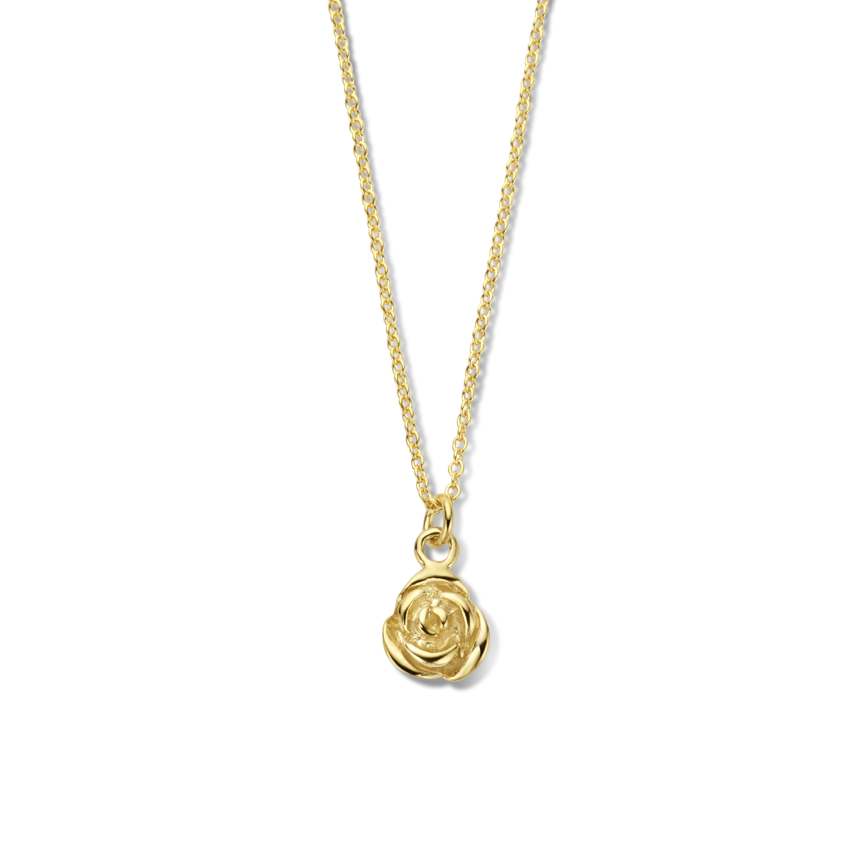 Verguld op 925 zilveren collier uitgevoerd met een bloem. Het collier heeft een schakelbreedte van 1.2mm en een karabijn sluiting. De draaglengte is 41cm met een extensie van 4cm. Geen garantie op plating.