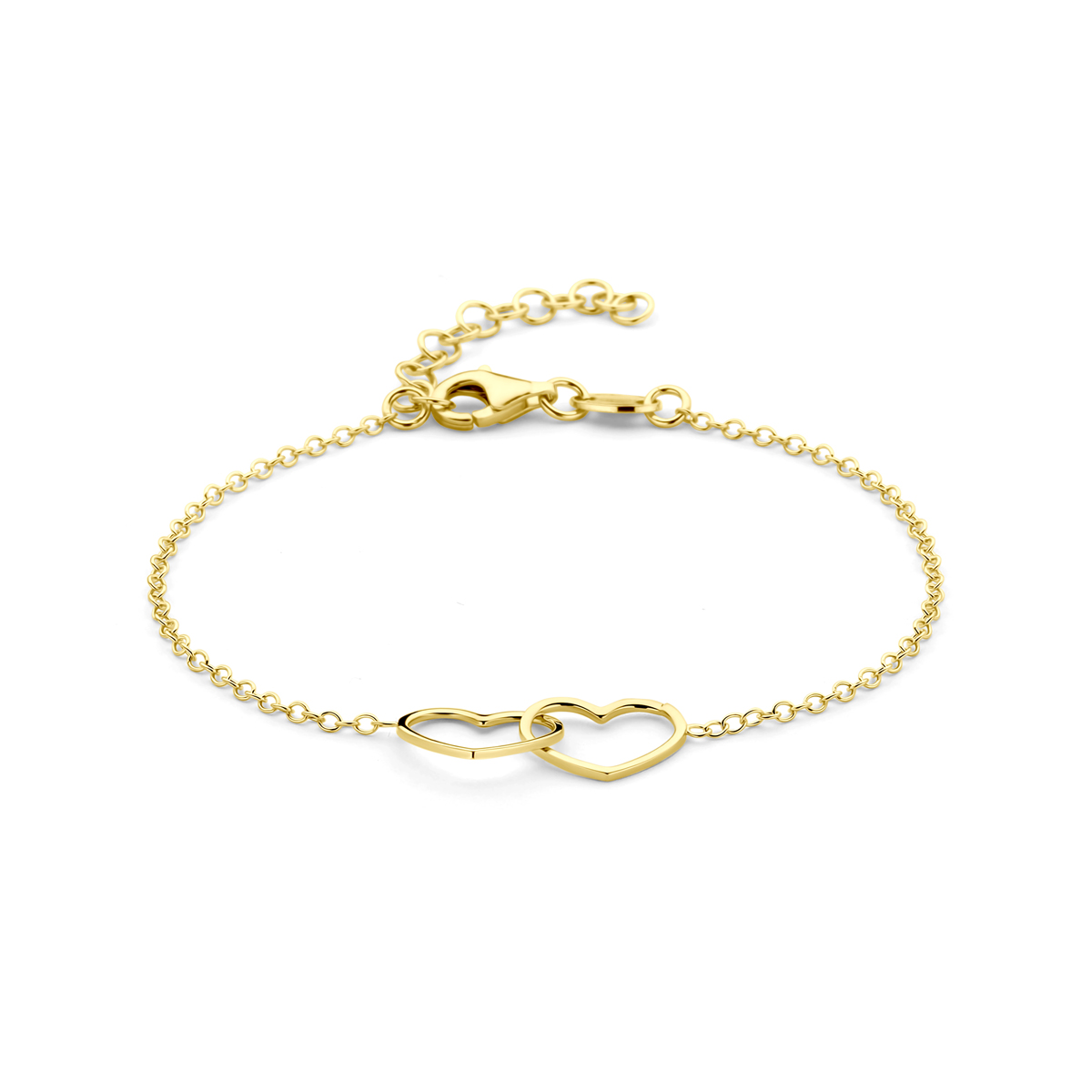 Verguld op 925 zilveren armband uitgevoerd met twee hartjes. De armband heeft een draaglengte van 16cm met een extensie van 3cm en een stevige karabijn sluiting. De hartjes hebben een afmeting van 9x12mm. De schakelbreedte is 1.2mm. Geen garantie op plating.