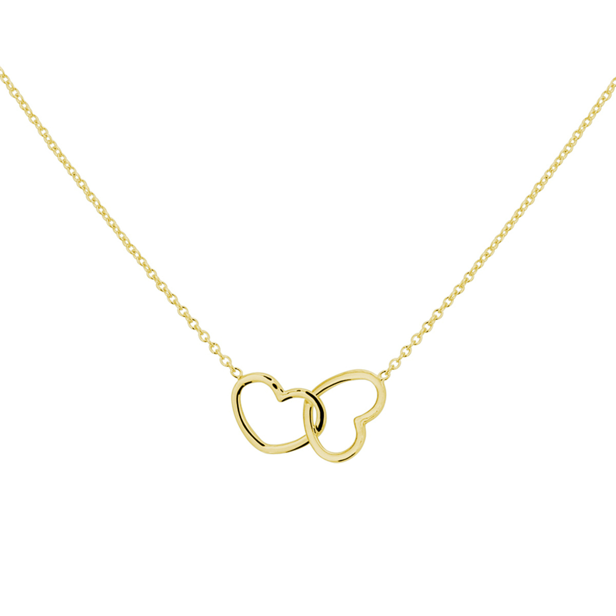 Verguld op 925 zilveren collier uitgevoerd met twee hartjes. Het collier heeft een draaglengte van 40cm met een extensie van 5cm en een stevige karabijn sluiting. De hartjes hebben een afmeting van 9x12mm. De schakelbreedte is 1.2mm. Geen garantie op plating.