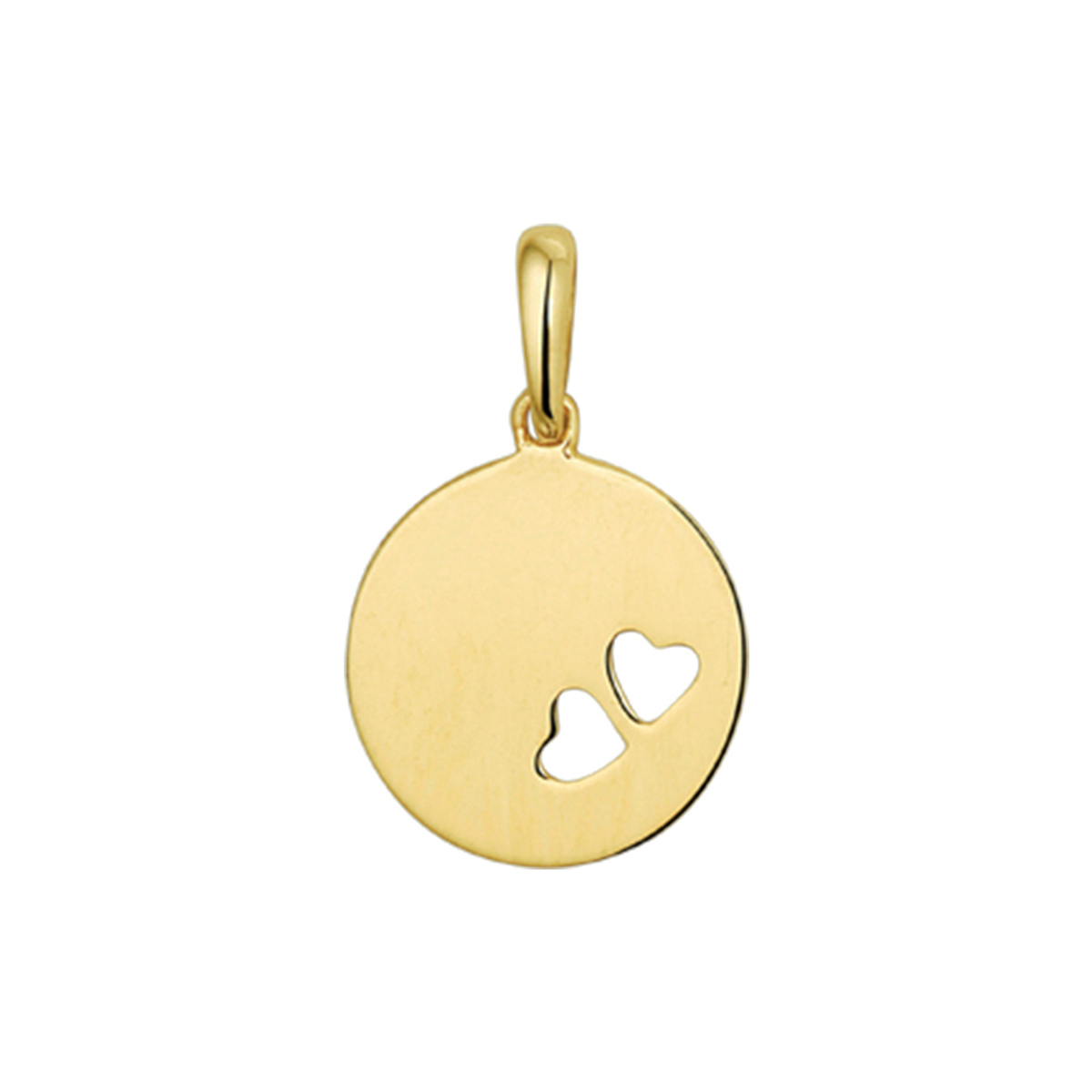 Huiscollectie - 14kt Geelgouden hanger met een diameter van 10.5mm en een dikte van 0.5mm. Uitgevoerd met twee uitgestanste hartjes en stevig hangoog - 4018993
